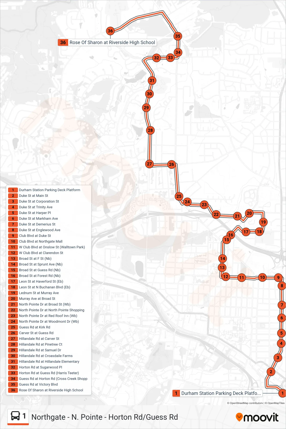 1 bus Line (Riverside Hs) route and stops on a map