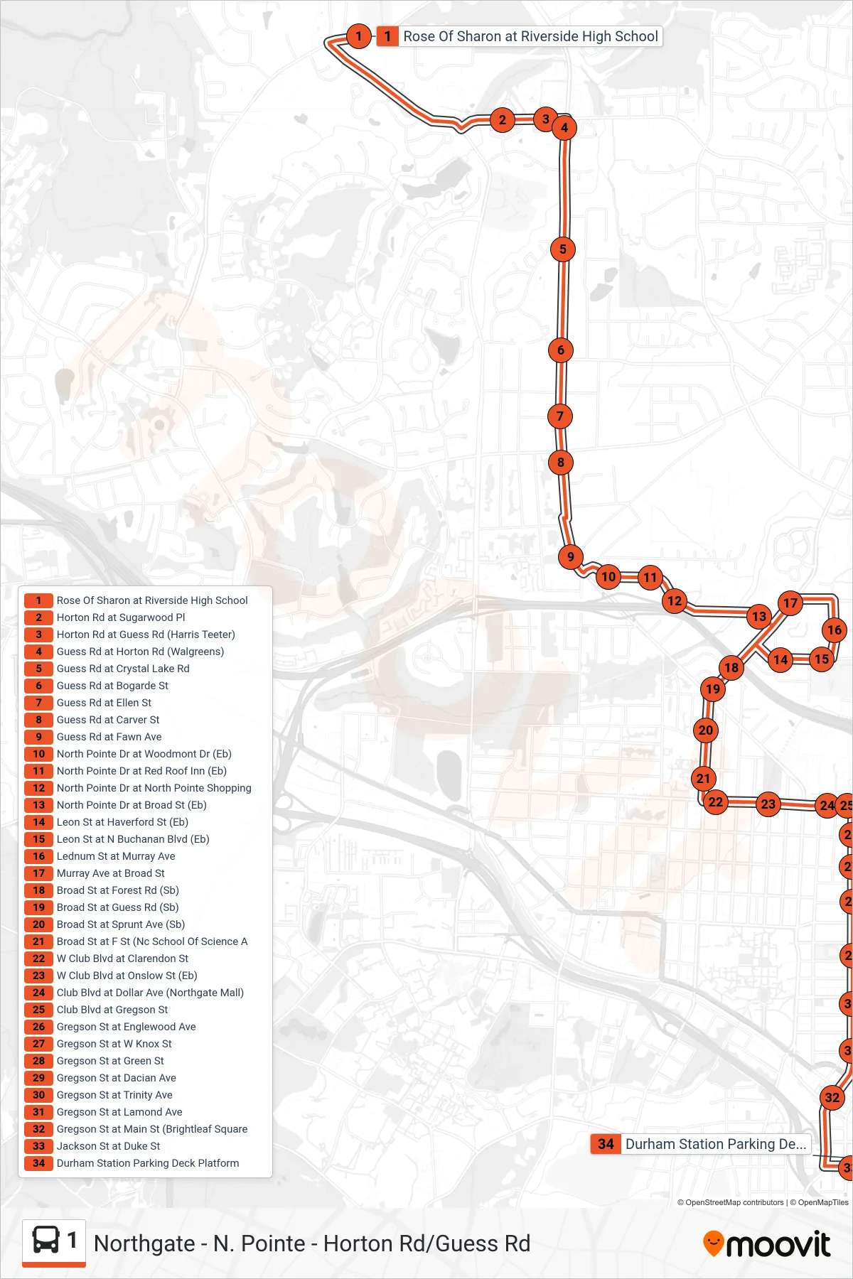 1 bus Line (Durham Station) route and stops on a map