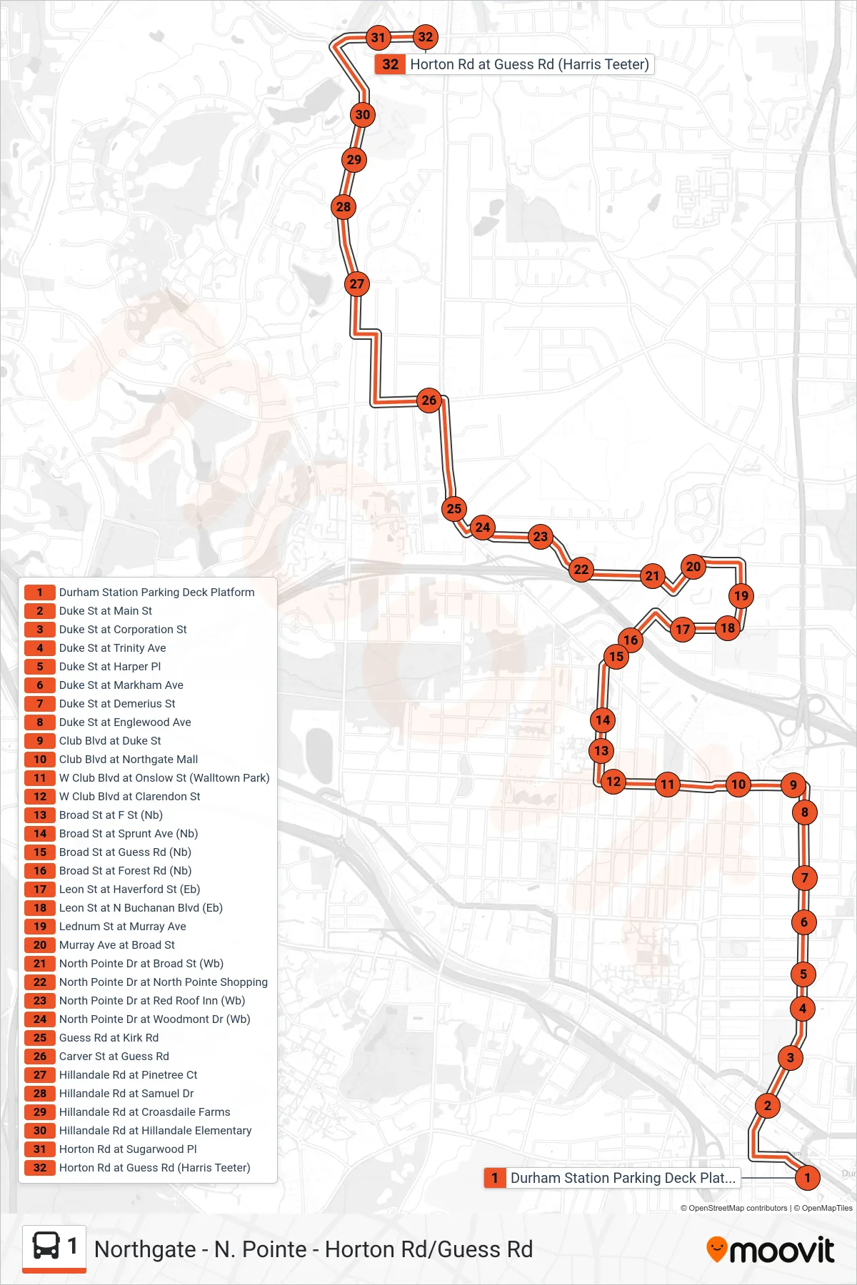 1 bus Line (1: Horton & Guess) route and stops on a map