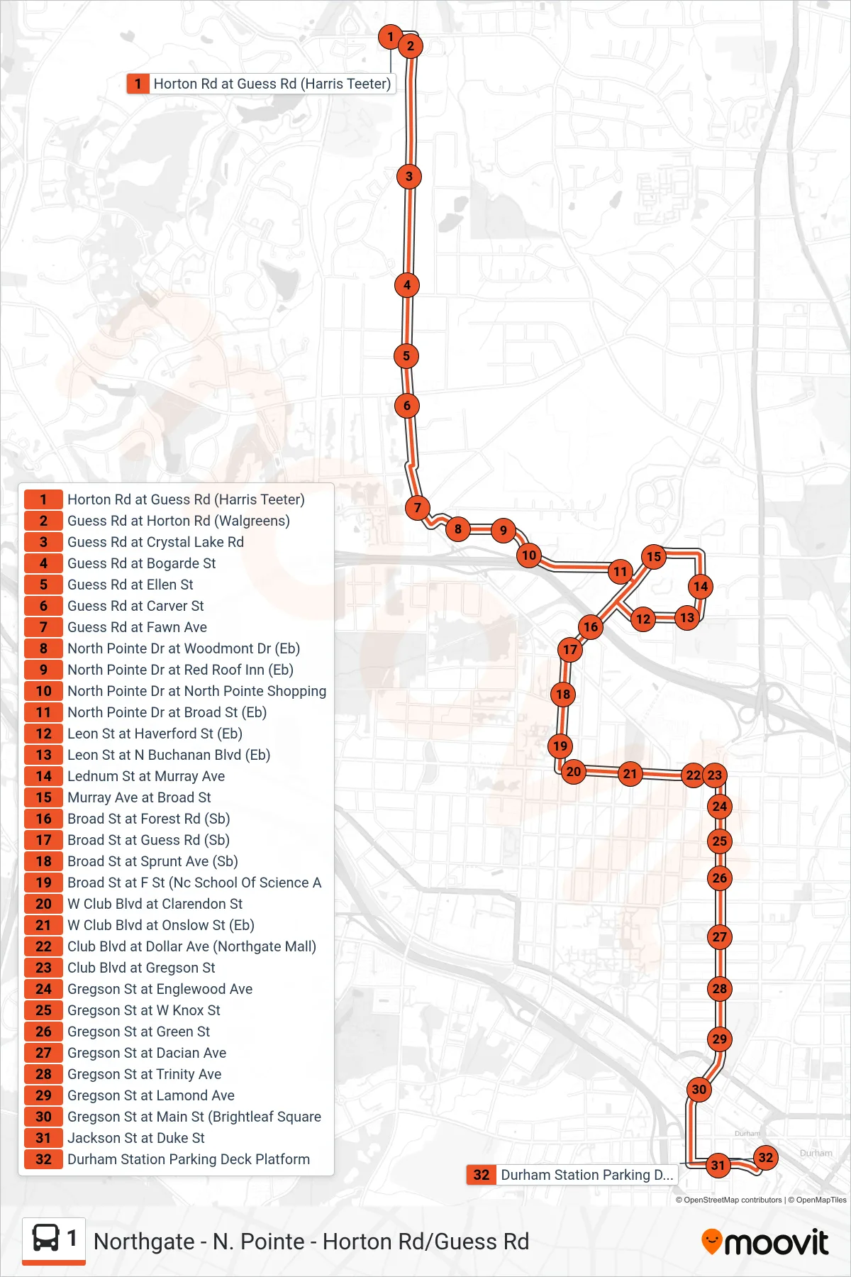 1 bus Line (1: Guess Rd - Horton Rd - Riverside Hs) route and stops on a map