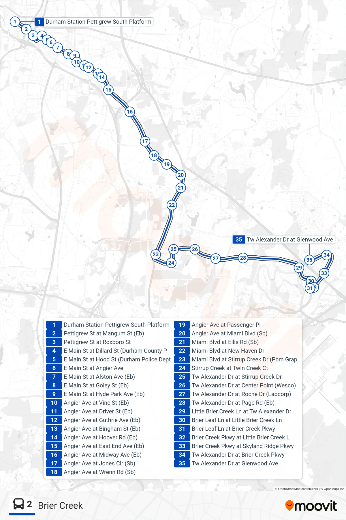 2 bus Line (Brier Creek) route and stops on a map