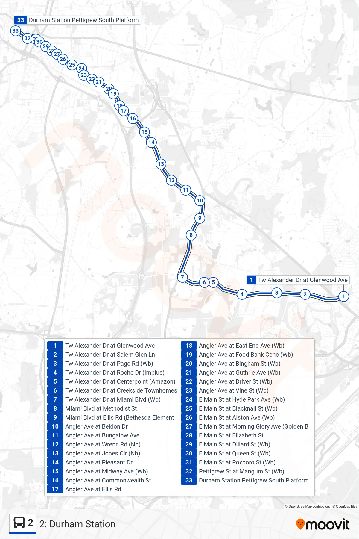 2 bus Line (2: Durham Station) route and stops on a map