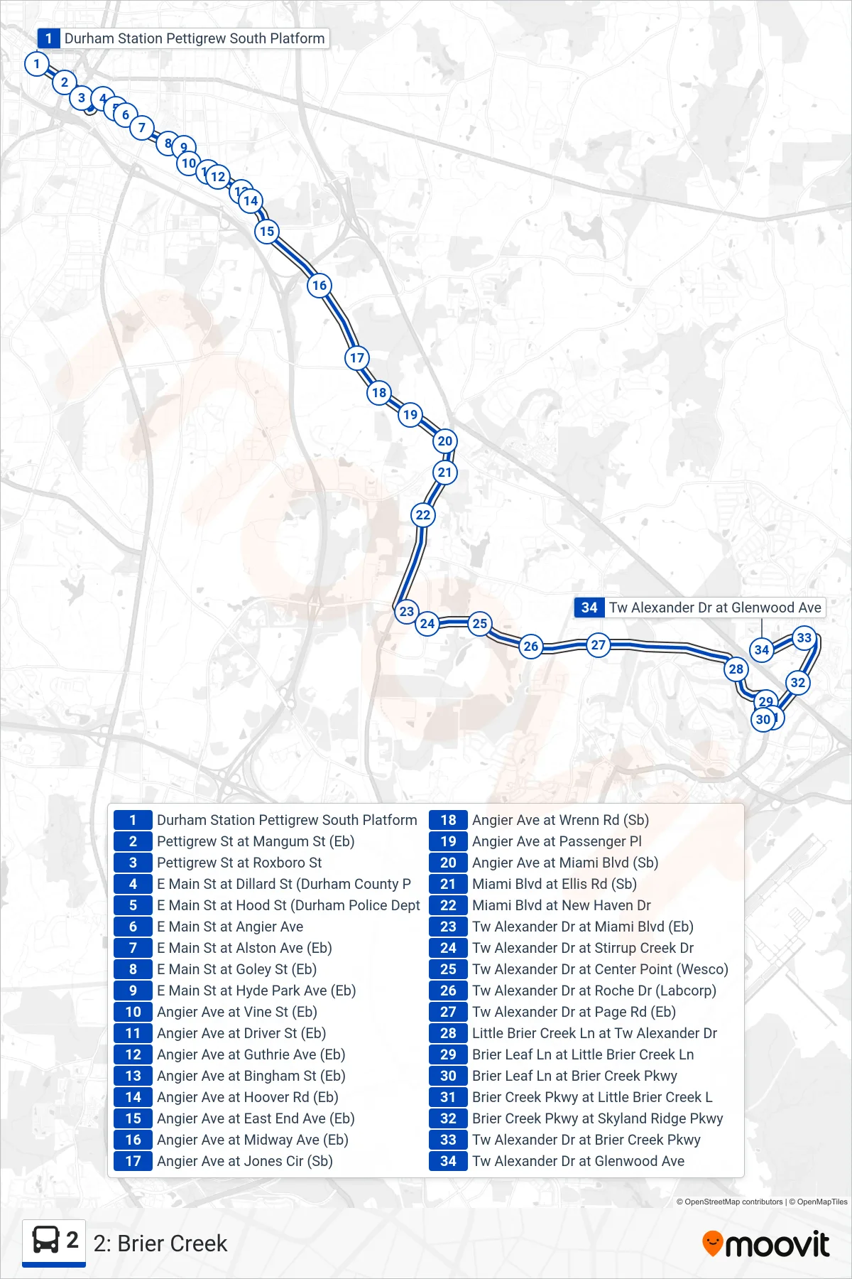 2 bus Line (2: Brier Creek) route and stops on a map