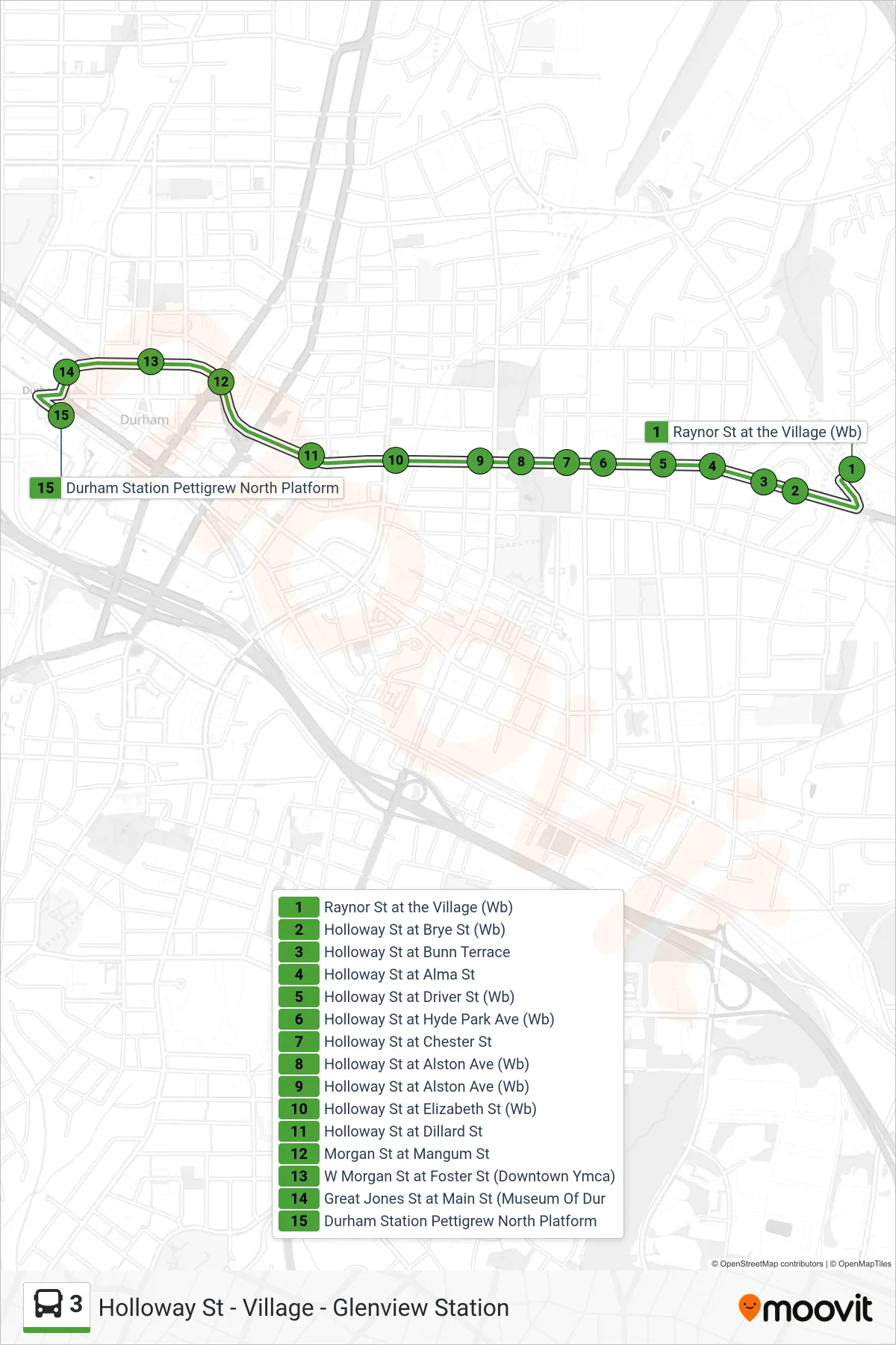3 bus Line (Durham Station) route and stops on a map