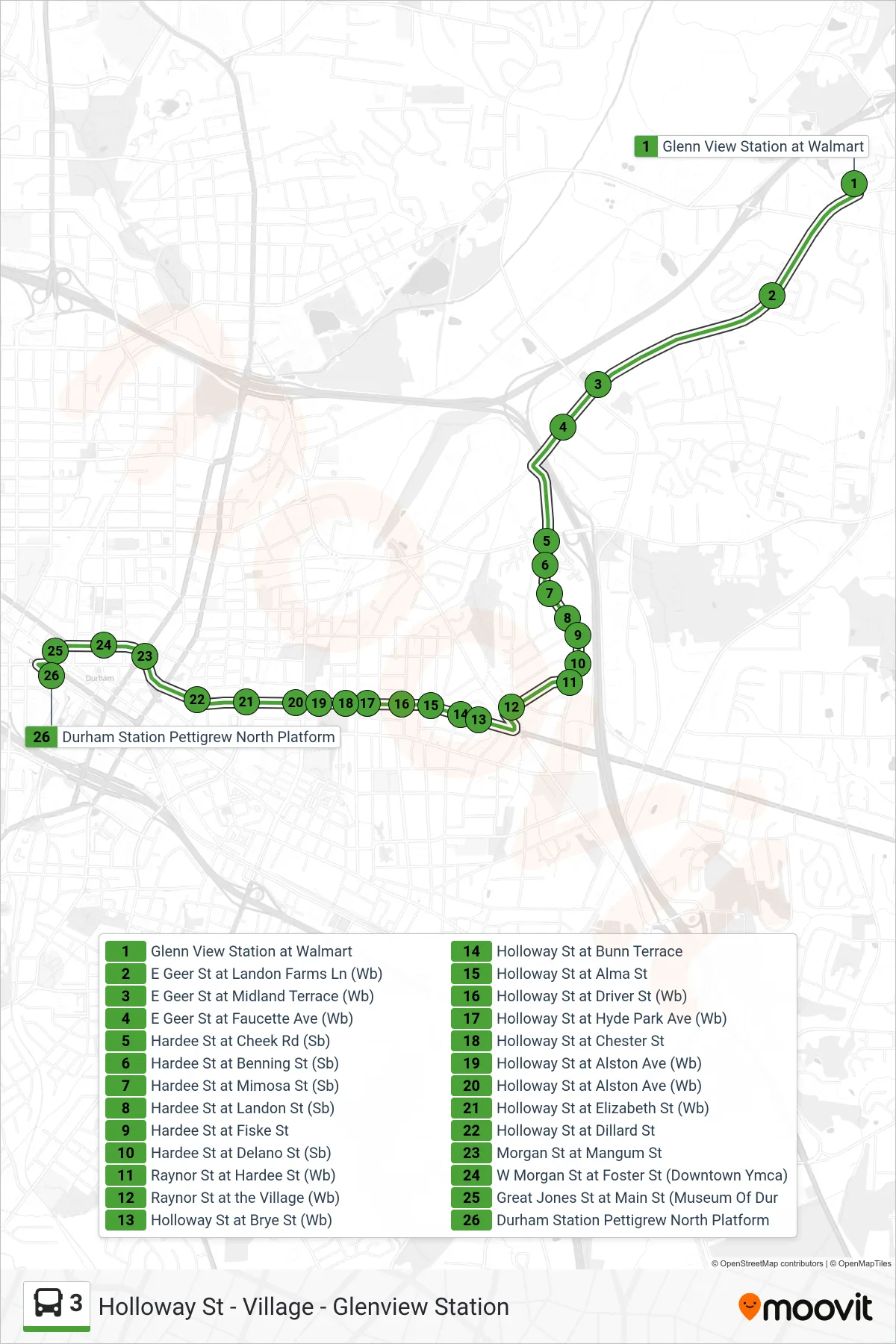 3 bus Line (3: Durham Station) route and stops on a map