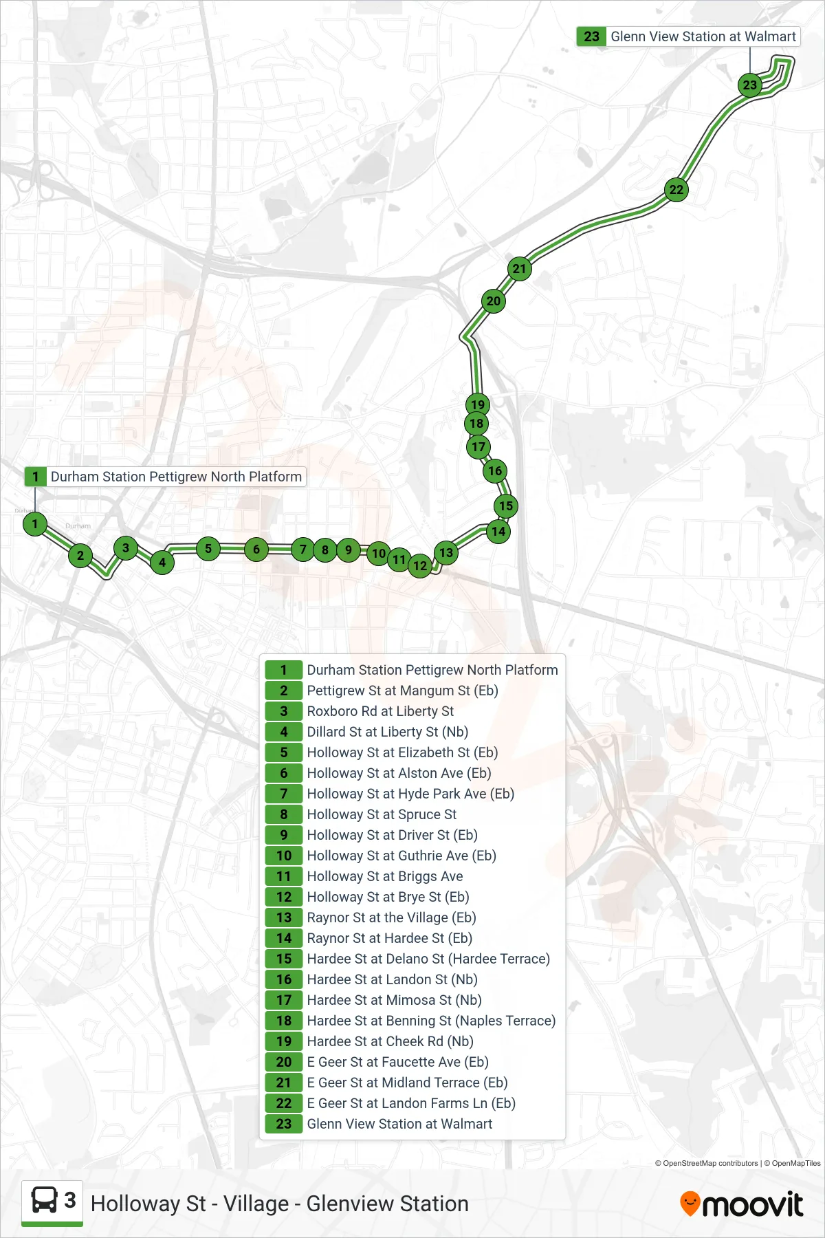 3 bus Line (3: Glenview Station) route and stops on a map