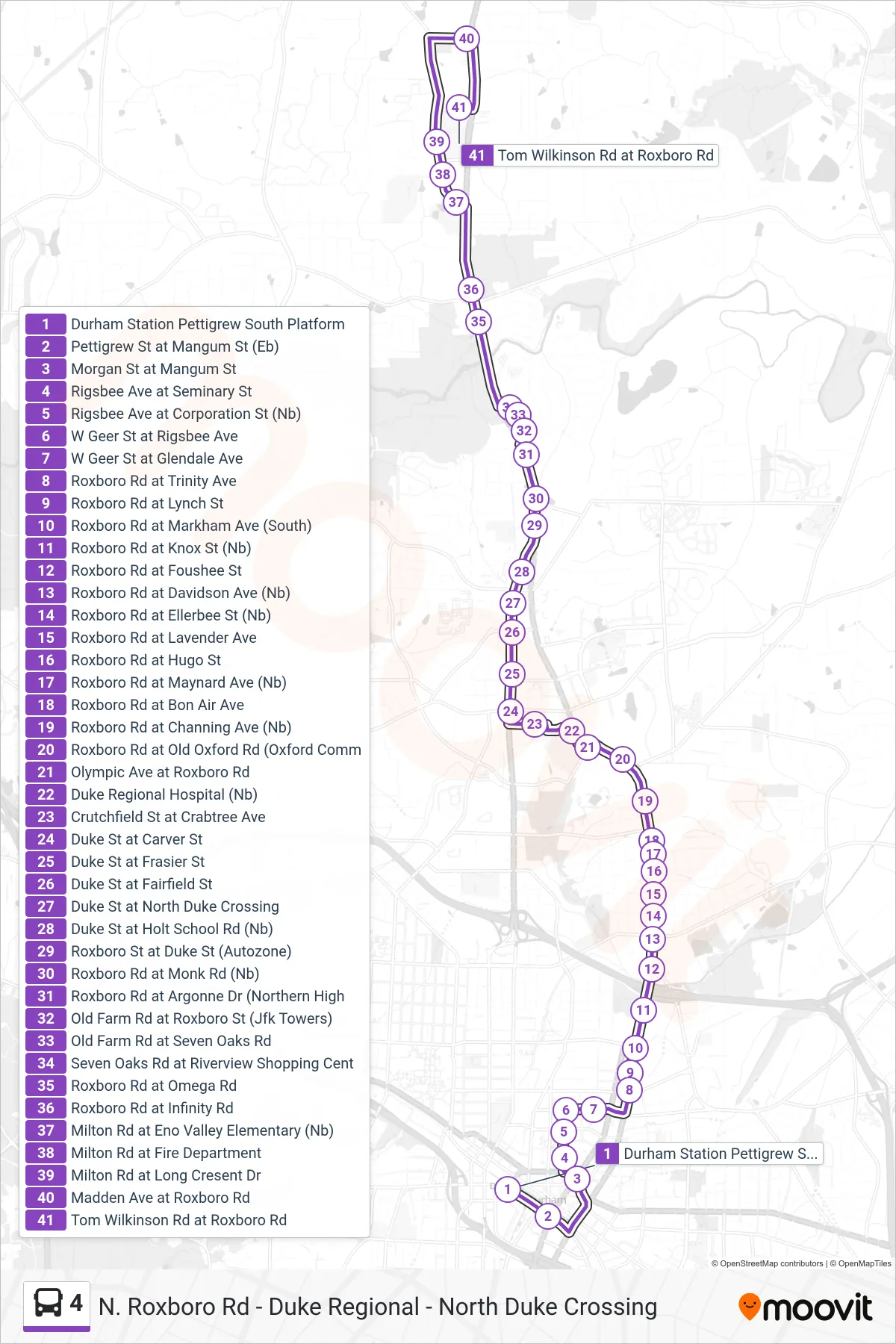 4 bus Line (4: Tom Wilkinson) route and stops on a map