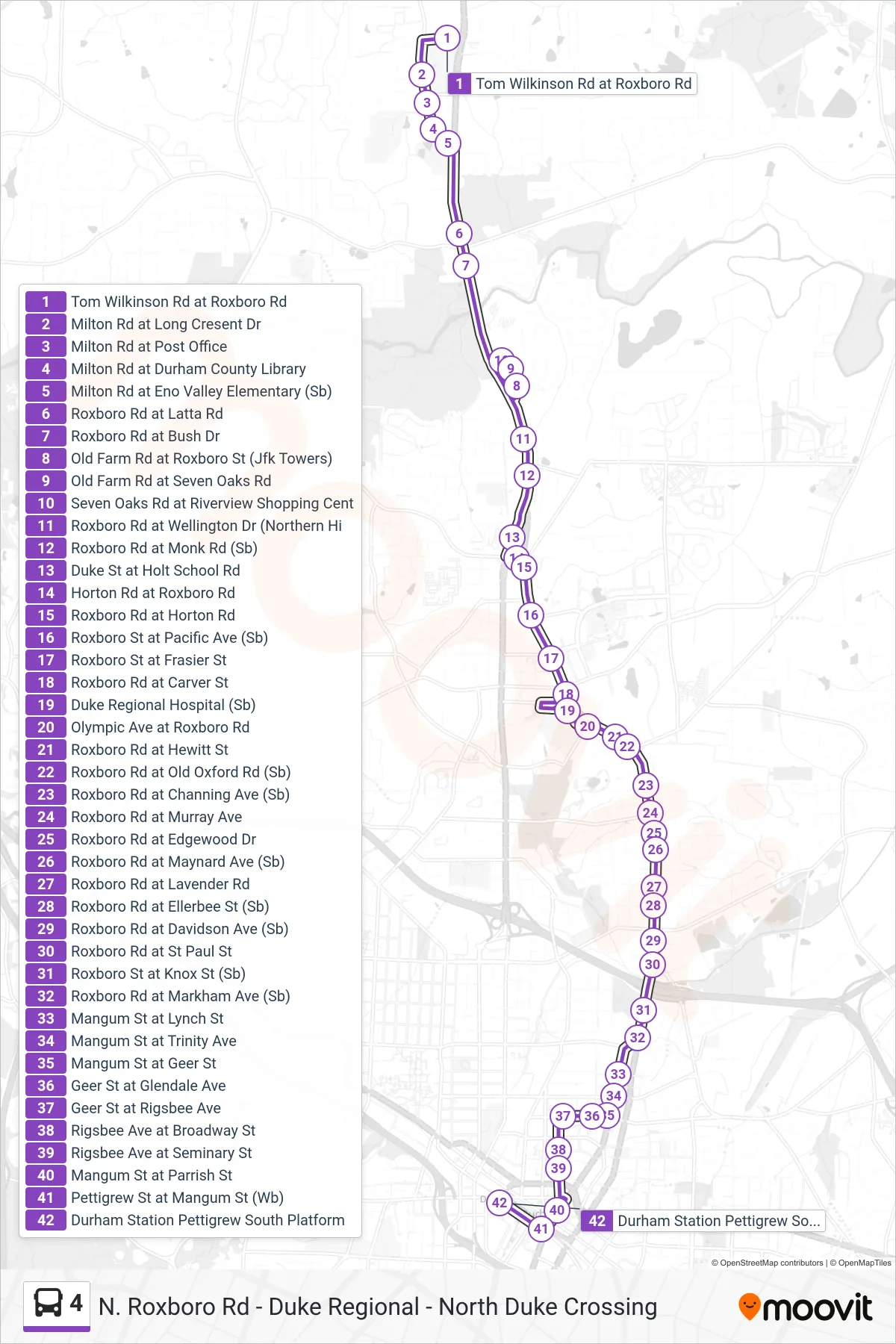 4 bus Line (4: Durham Station) route and stops on a map