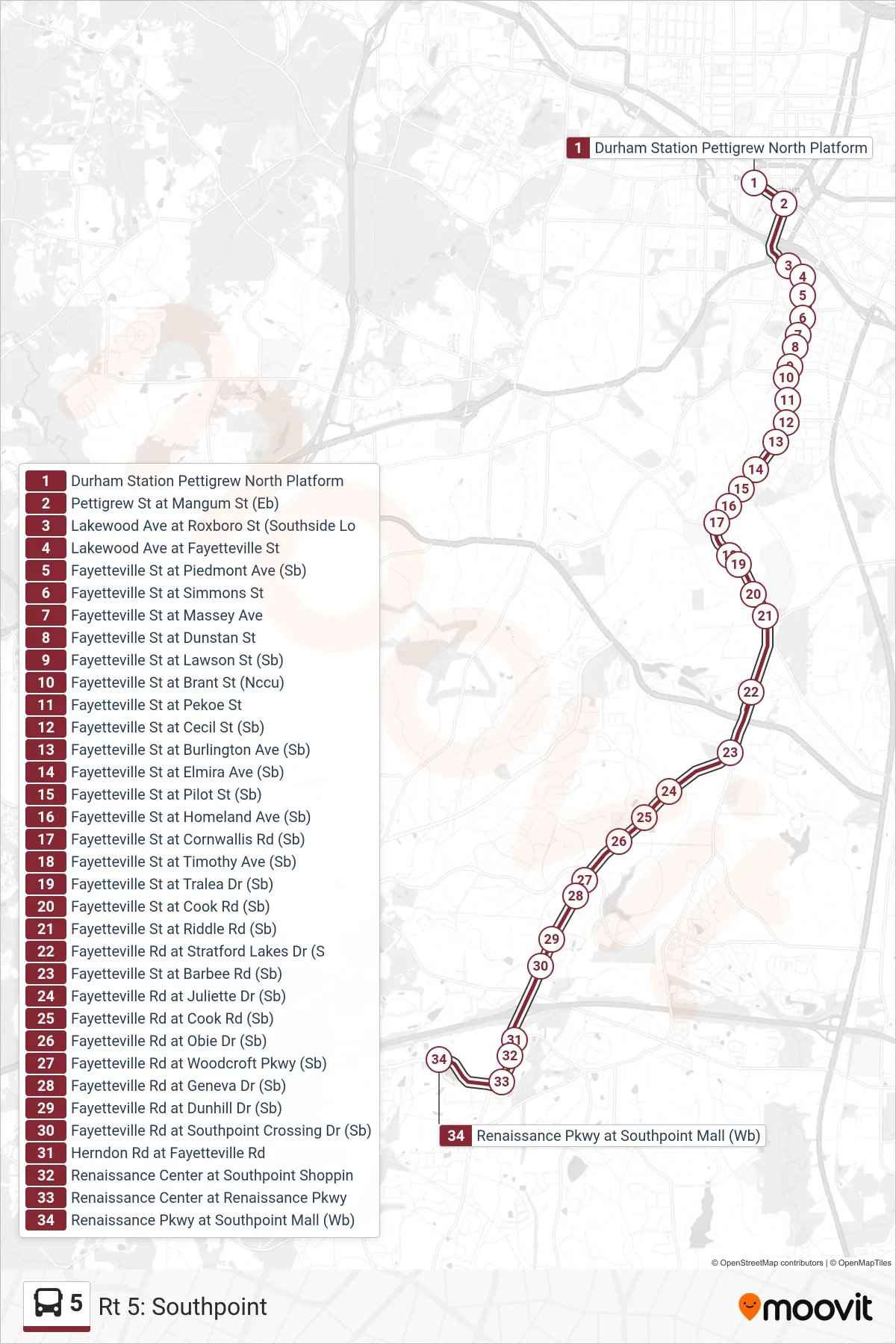 5 bus Line (Rt 5: Southpoint) route and stops on a map
