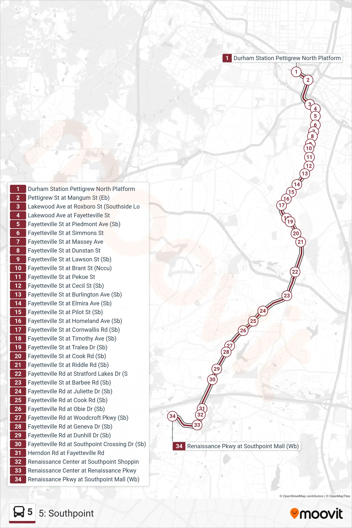 5 bus Line (5: Southpoint) route and stops on a map