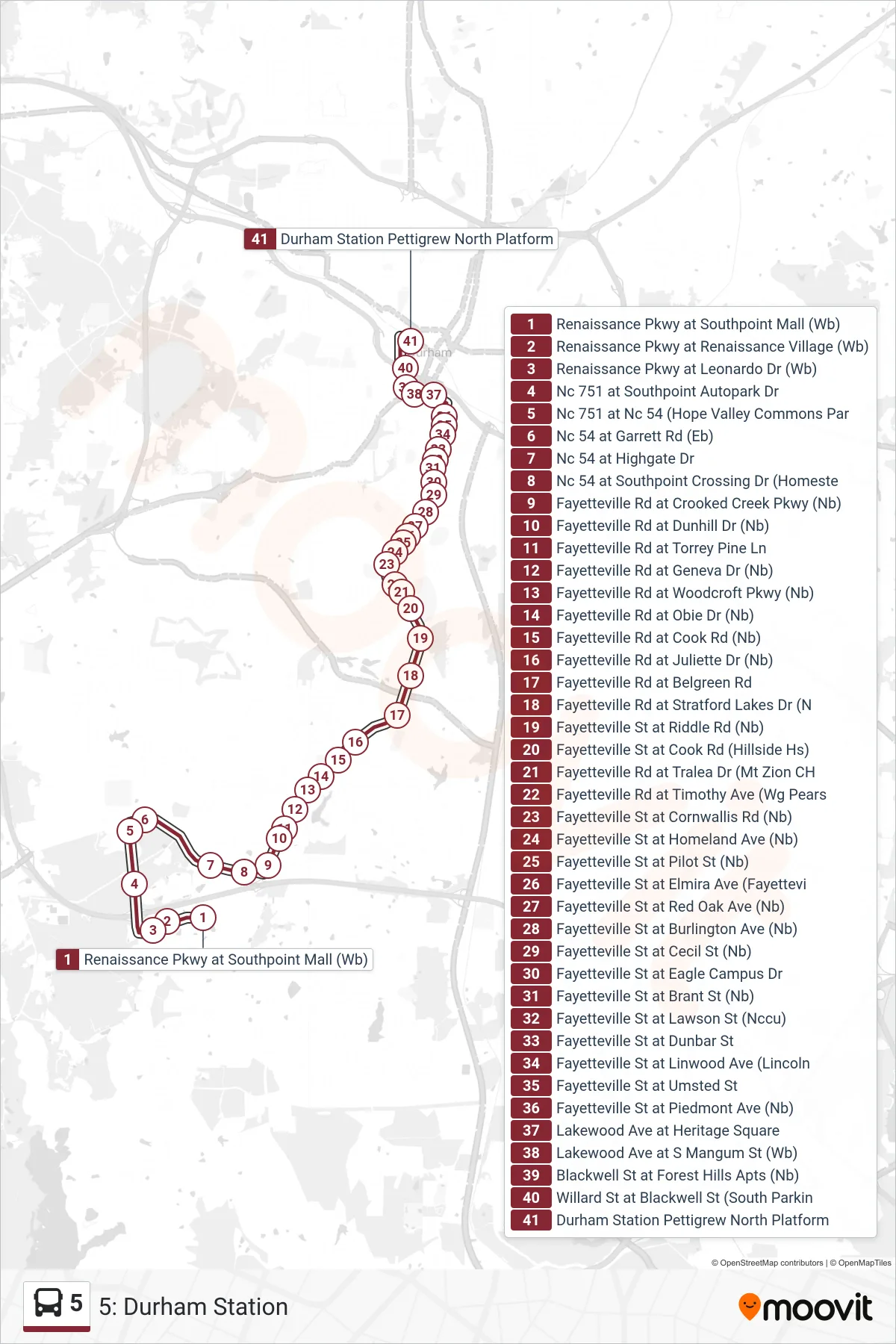 5 bus Line (5: Durham Station) route and stops on a map