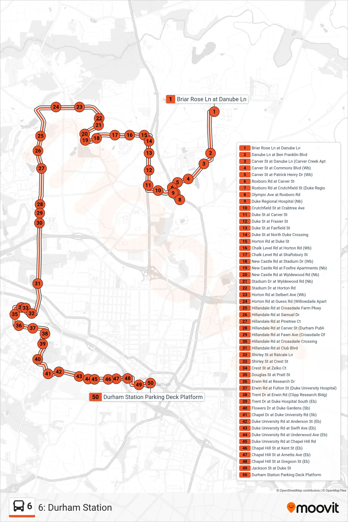 6 bus Line (6: Durham Station) route and stops on a map