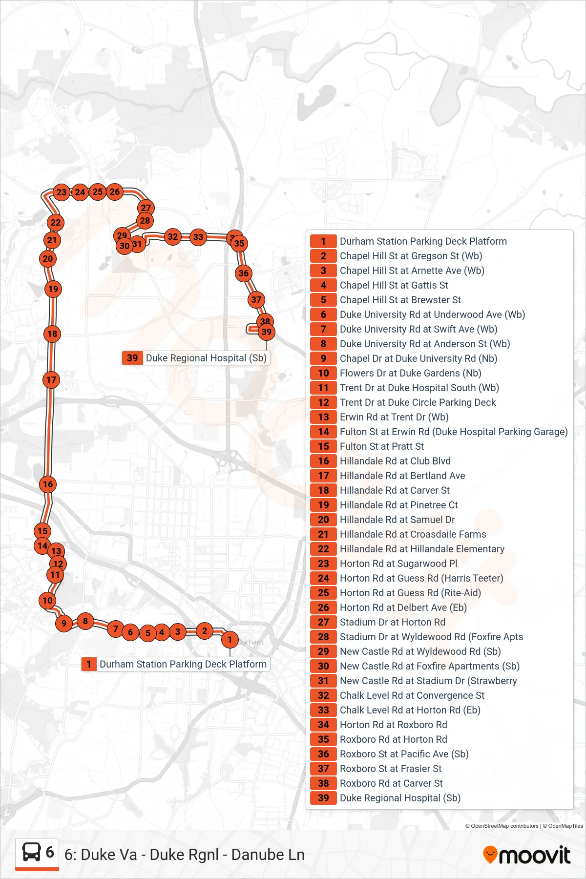 6 bus Line (6: Duke Va - Duke Rgnl - Danube Ln) route and stops on a map