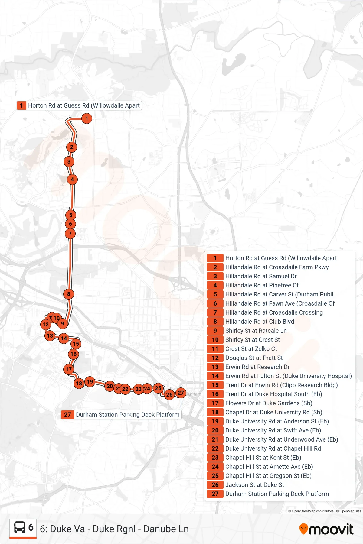 6 bus Line (6: Duke Va - Duke Rgnl - Danube Ln) route and stops on a map