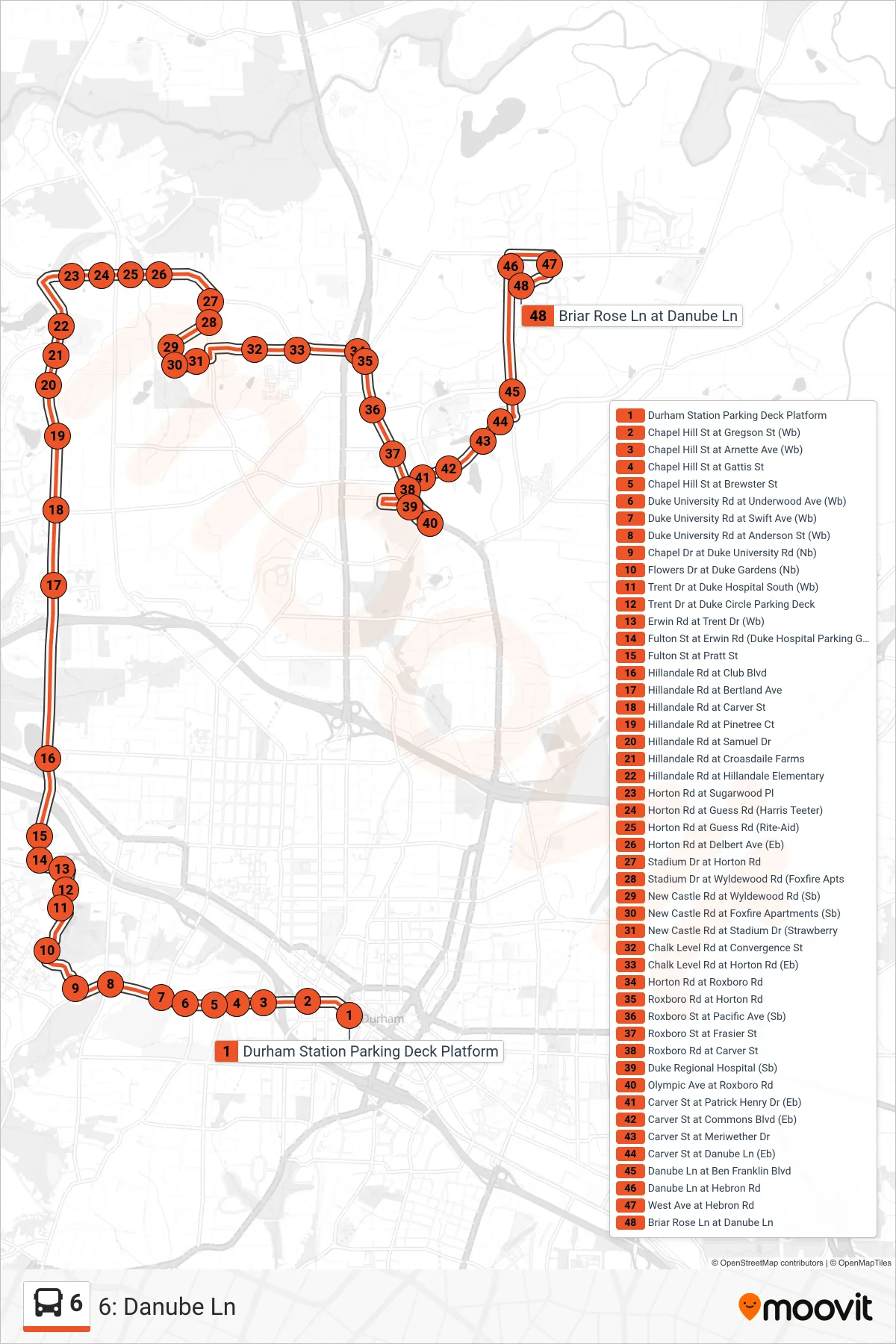 6 bus Line (6: Danube Ln) route and stops on a map