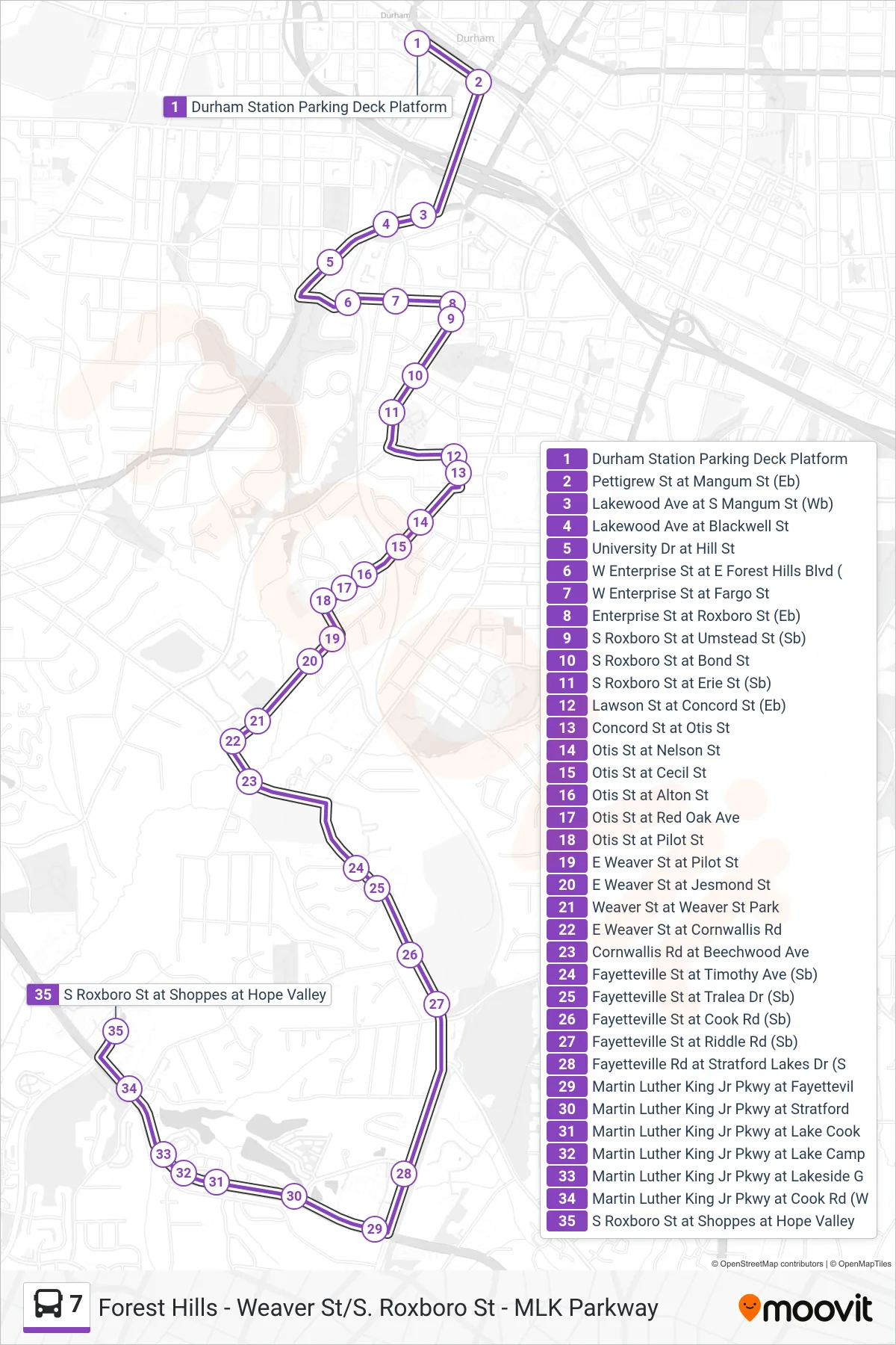 7 bus Line (7: S. Roxboro) route and stops on a map