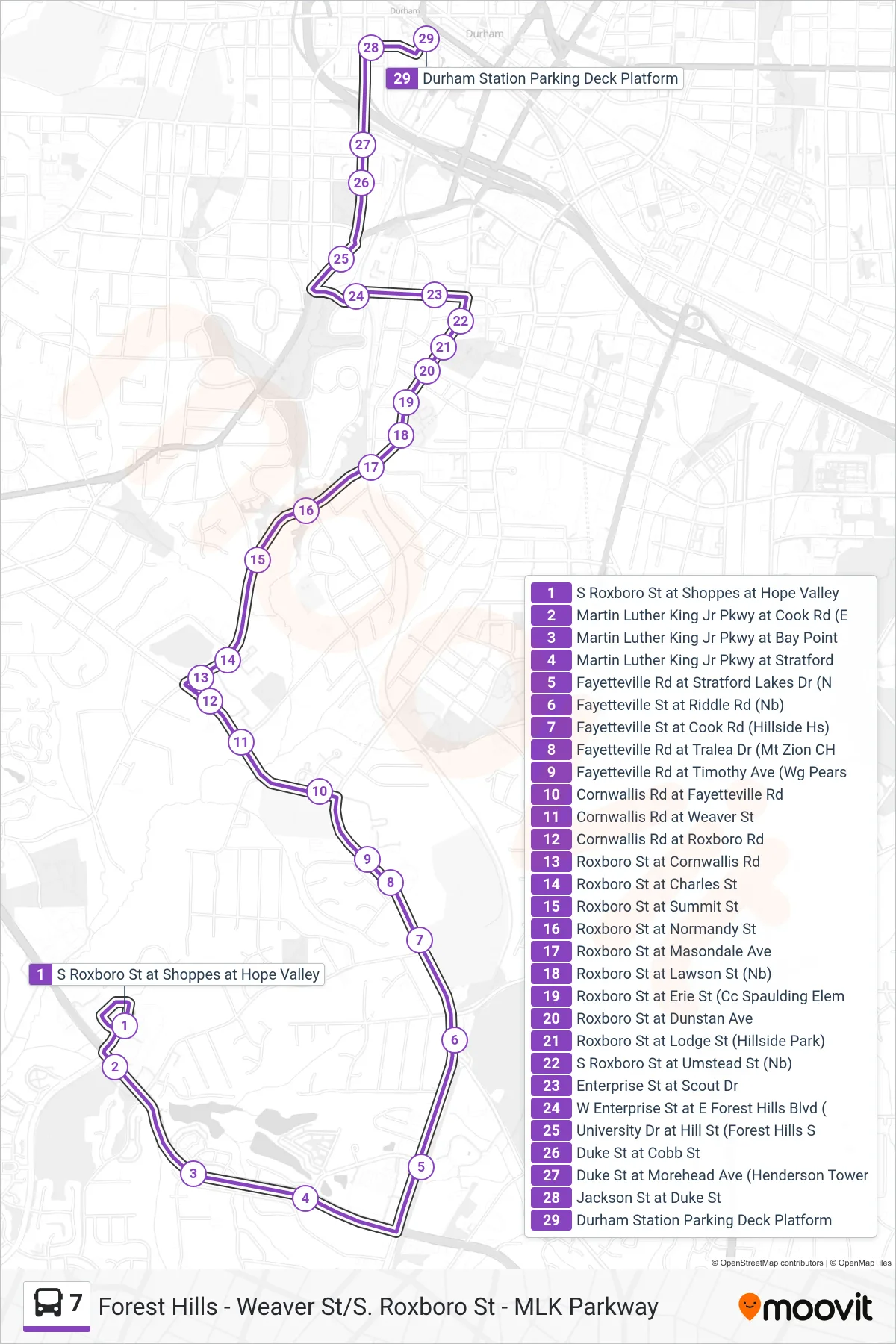 7 bus Line (7: Durham Station) route and stops on a map