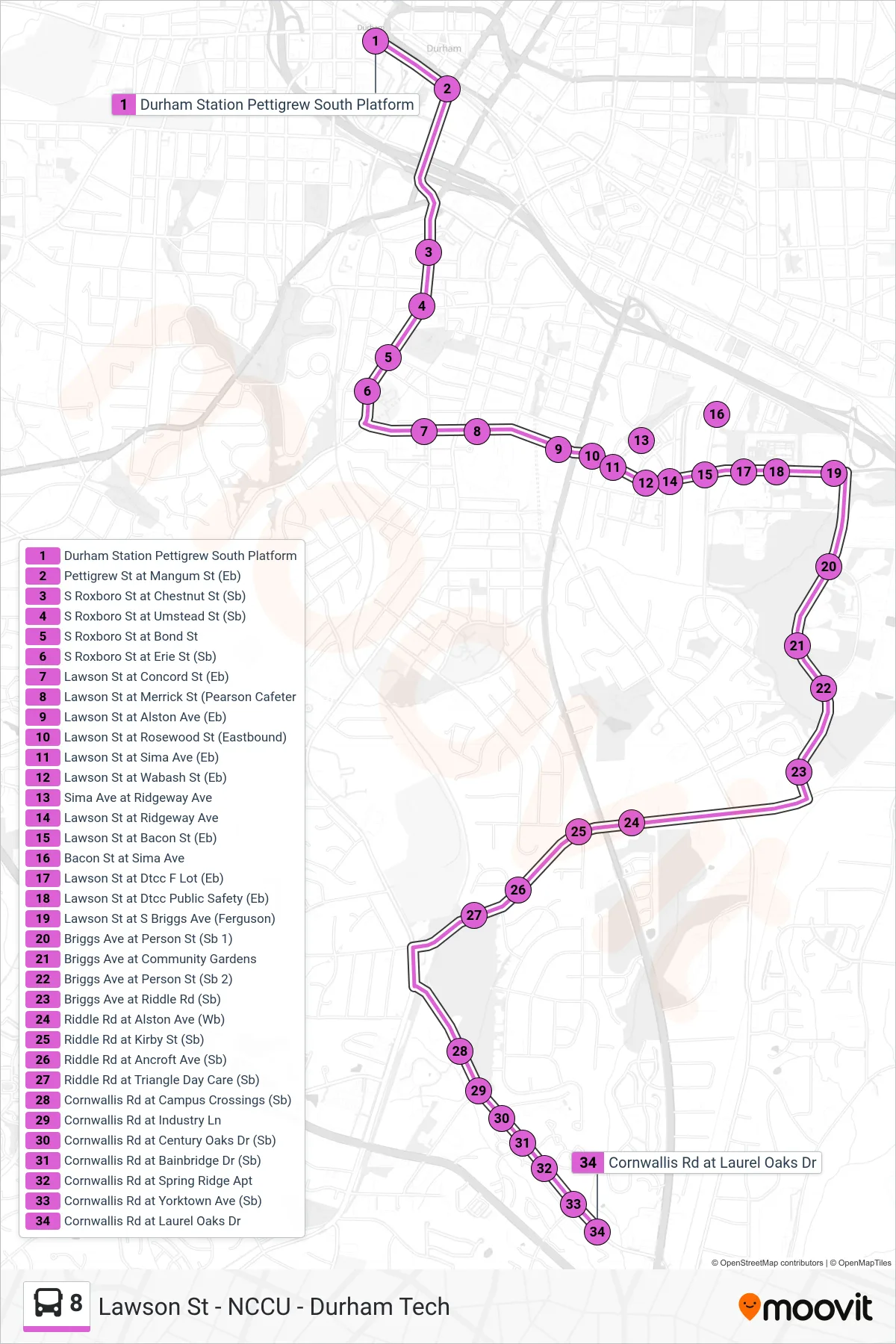 8 bus Line (8: Cornwallis Rd) route and stops on a map