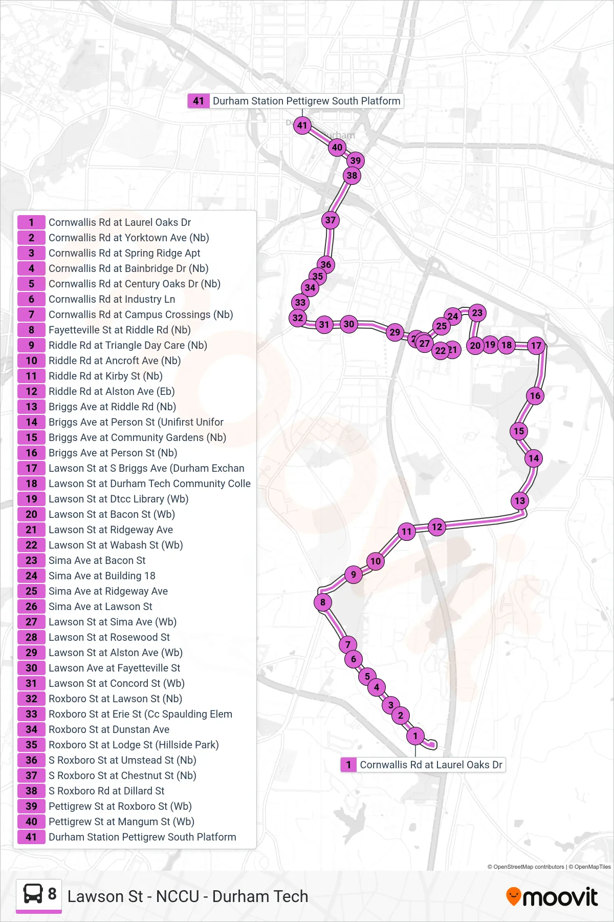 8 bus Line (8: Durham Station) route and stops on a map