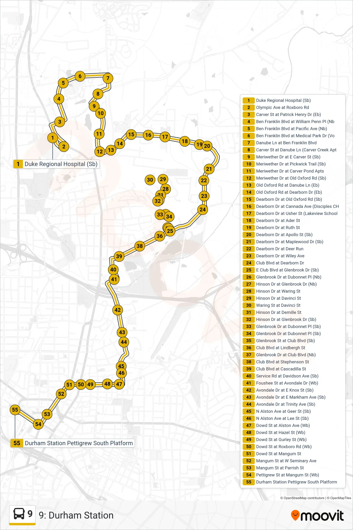 9 bus Line (9: Durham Station) route and stops on a map