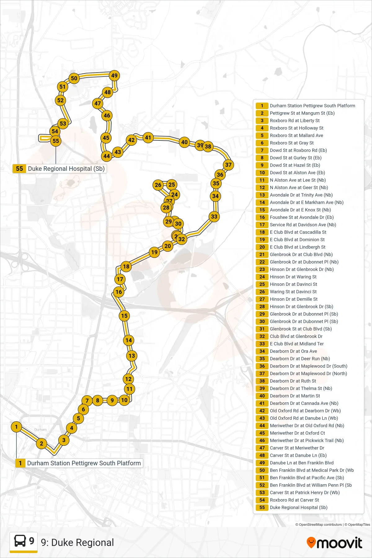 9 bus Line (9: Duke Regional) route and stops on a map