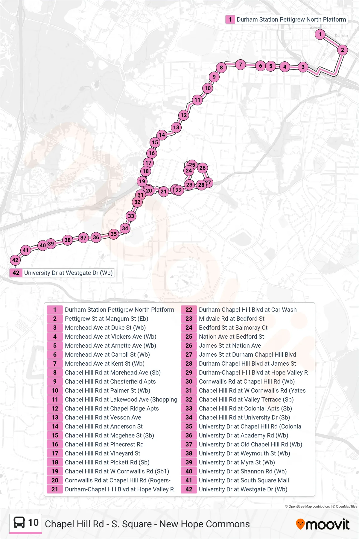10 bus Line (10: Westgate Dr) route and stops on a map