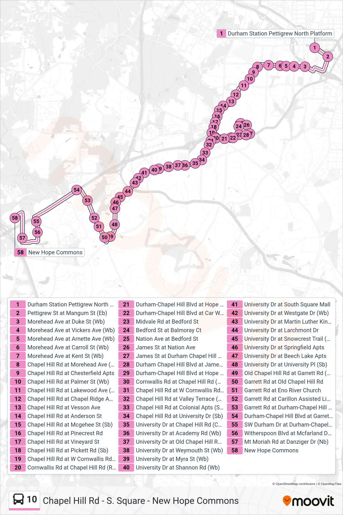 10 bus Line (10: Chapl Hill Rd – S. Square – New Hope) route and stops on a map
