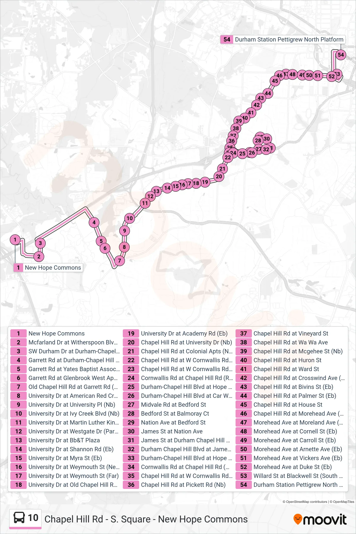 10 bus Line (10: Durham Station) route and stops on a map