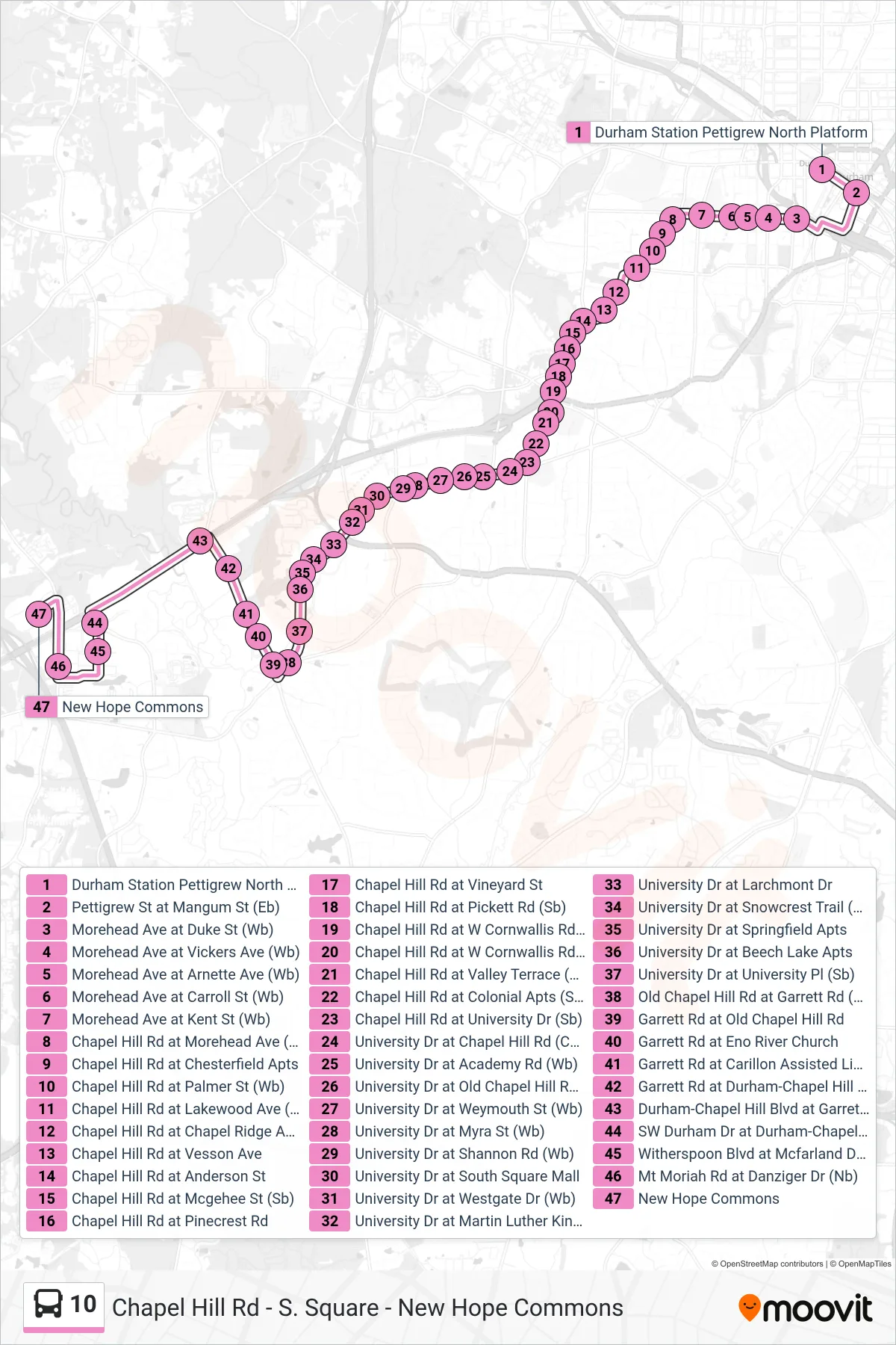 10 bus Line (10: New Hope Commons) route and stops on a map
