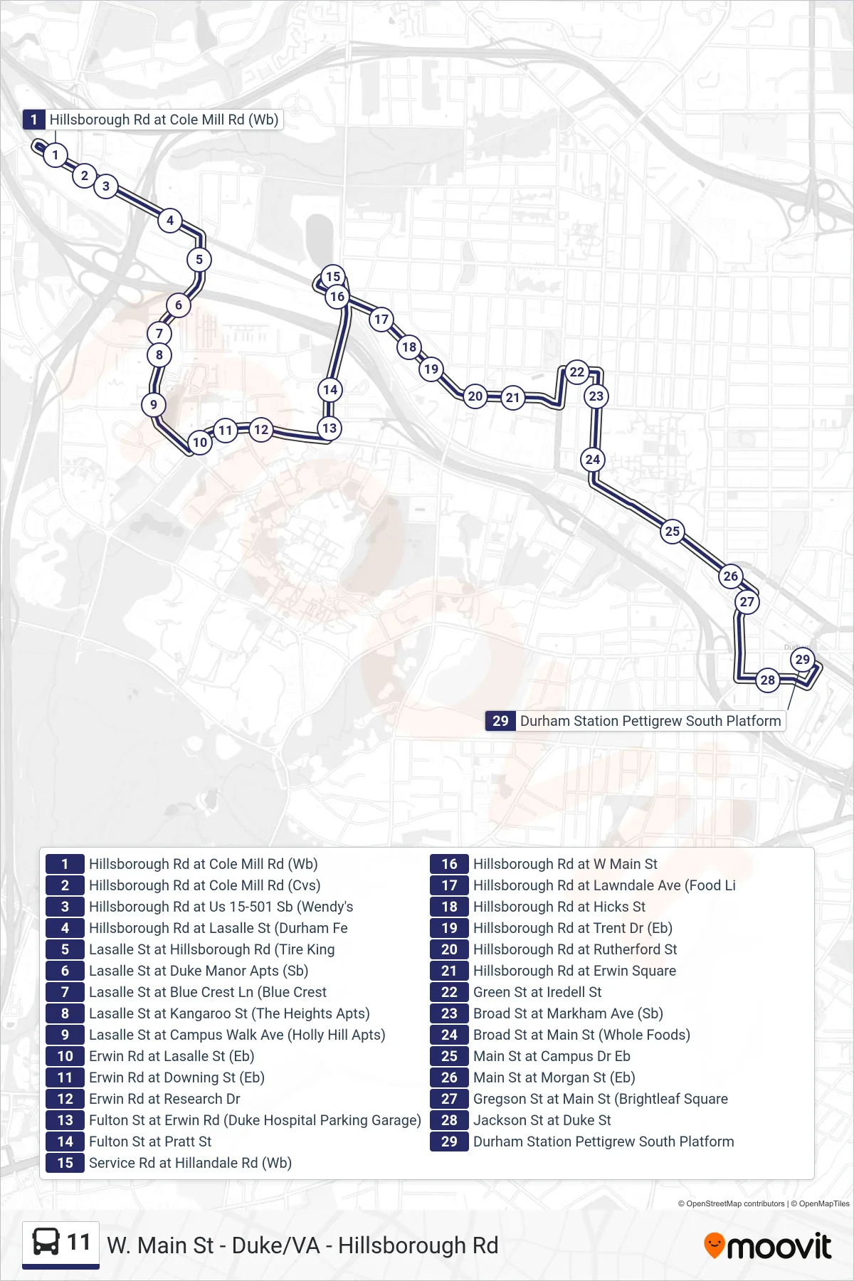 11 bus Line (11: Durham Station) route and stops on a map