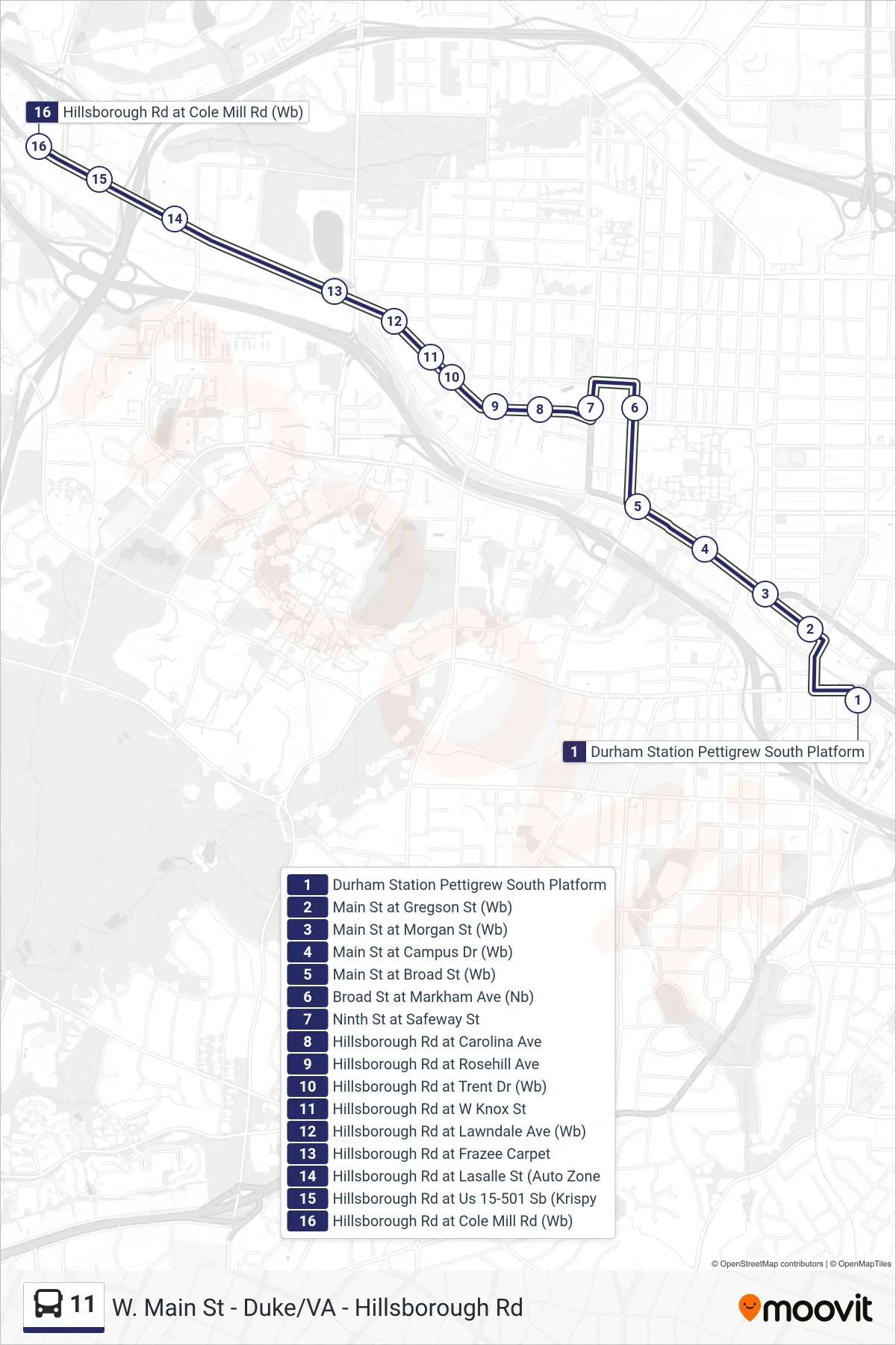 Recorrido y paradas de la línea 11 de autobús (11: Hillsborough Rd) en el mapa