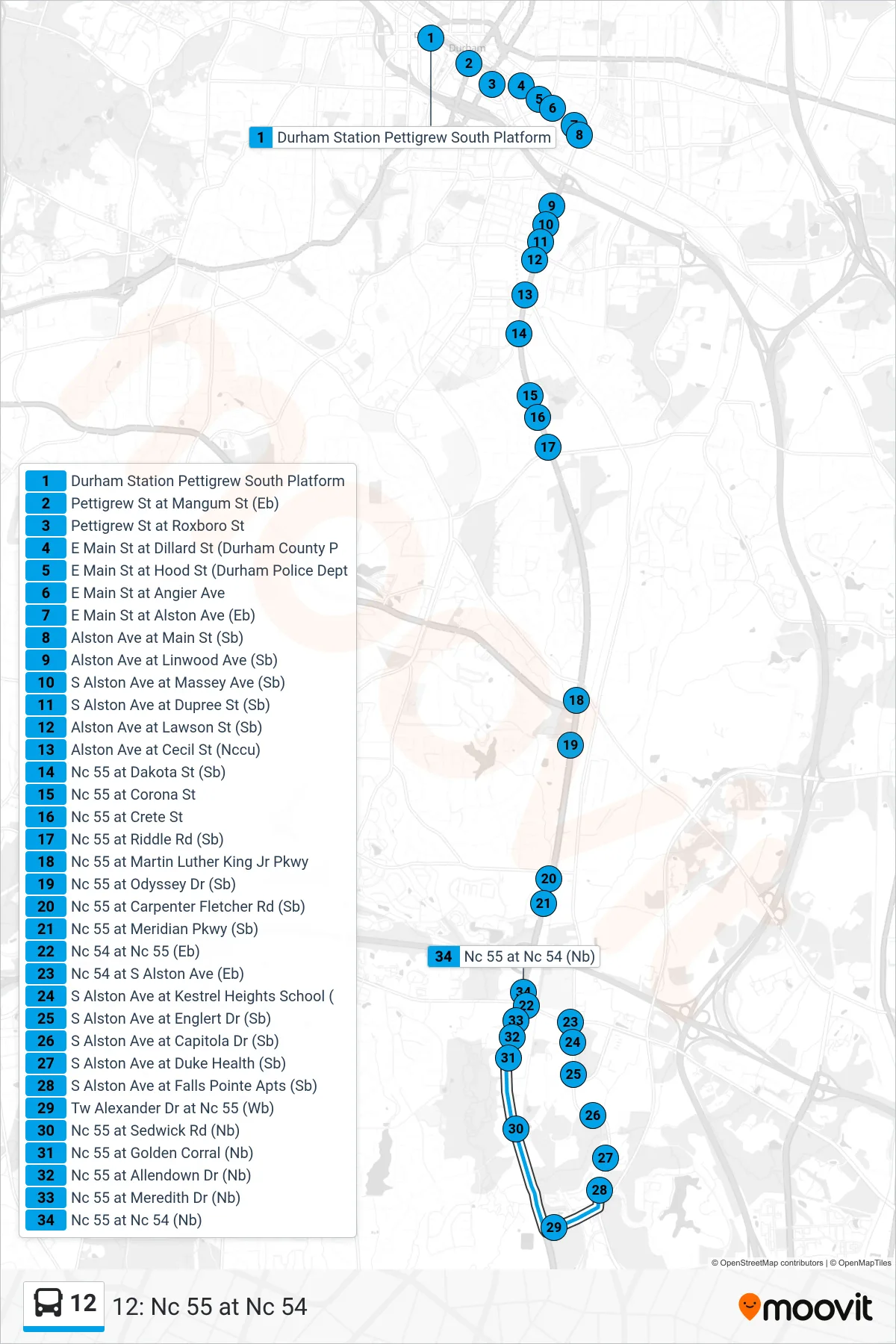 12 bus Line (12: Nc 55 at Nc 54) route and stops on a map
