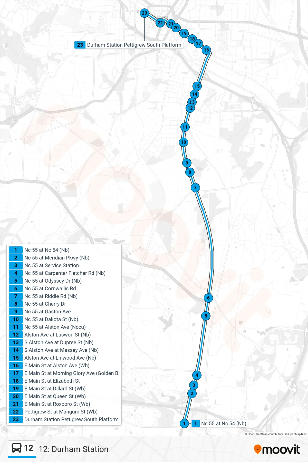 12 bus Line (12: Durham Station) route and stops on a map