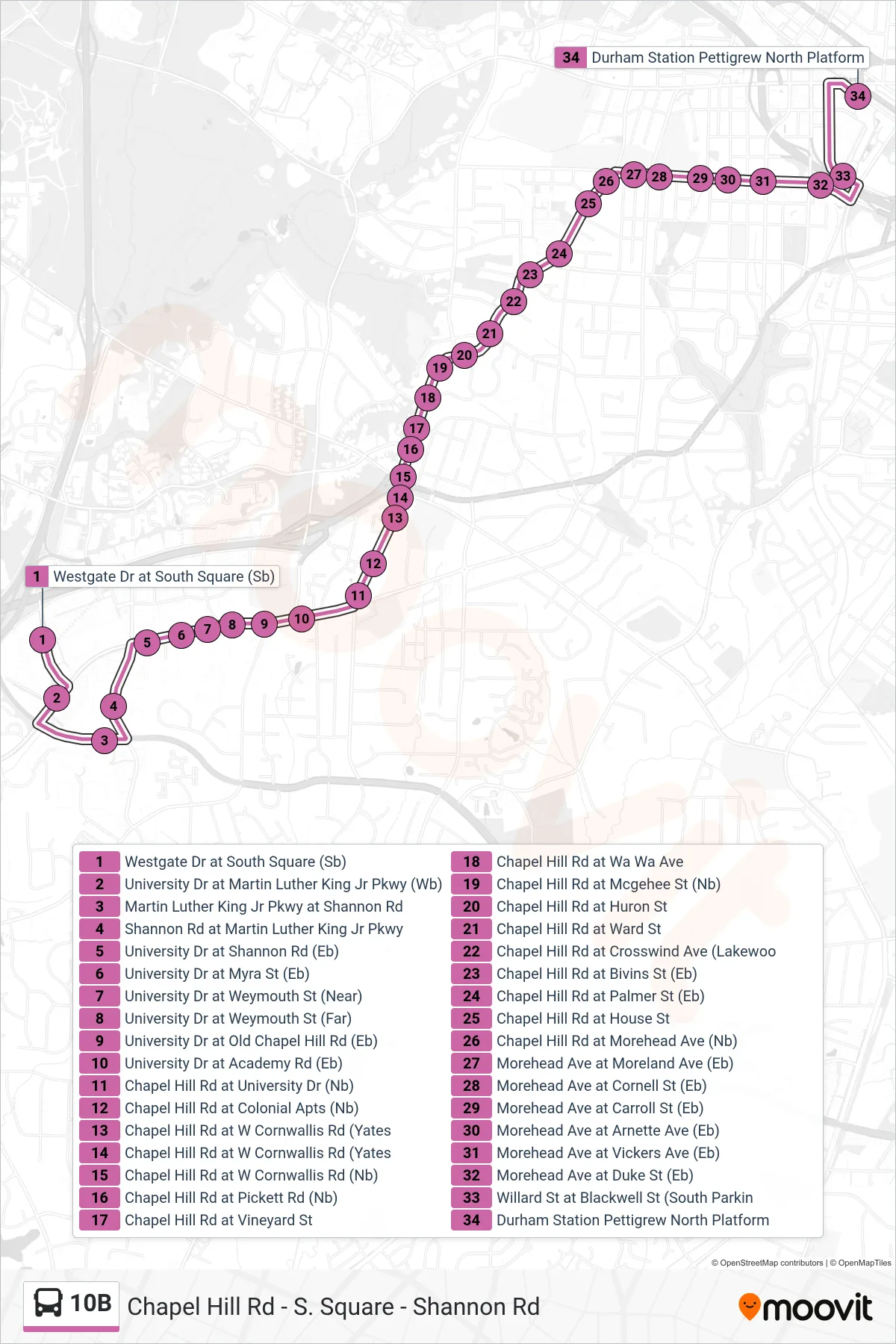 10B bus Line (10b: Westgate Dr) route and stops on a map