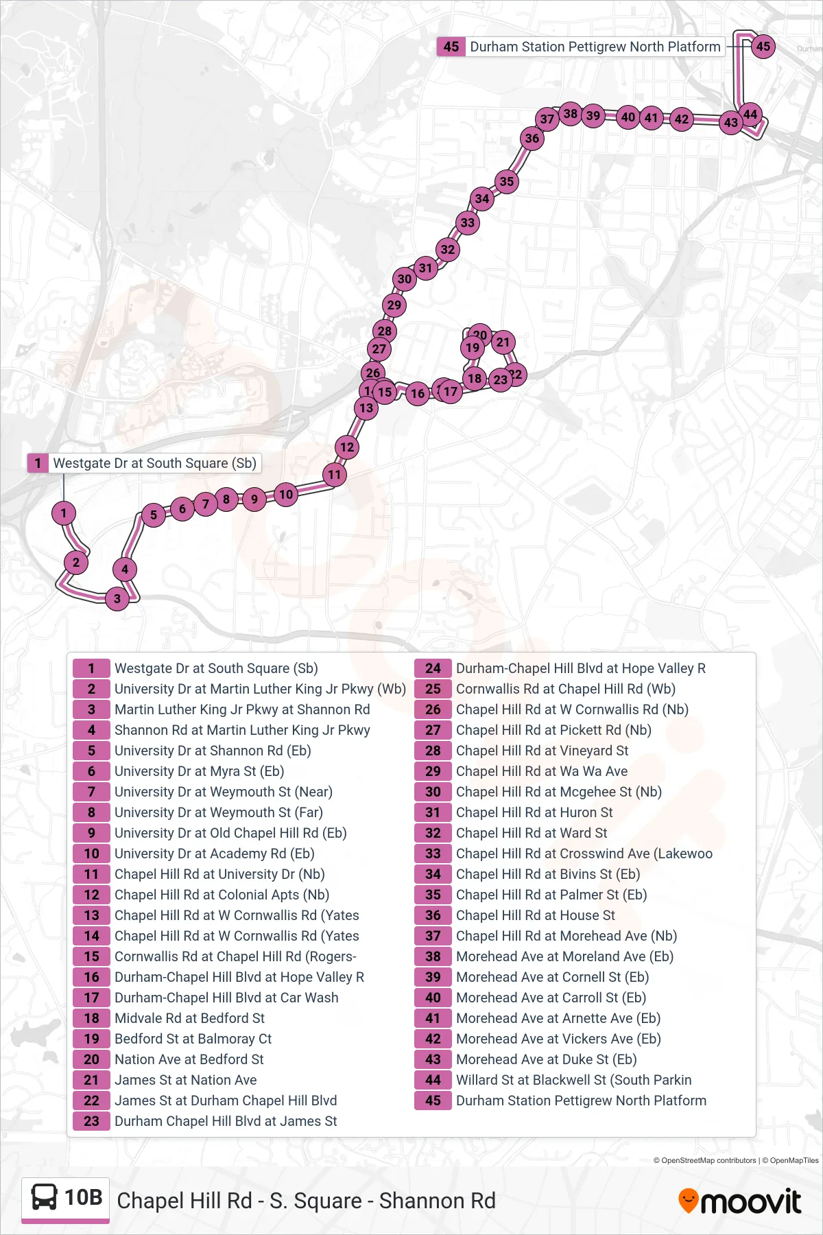 10B bus Line (10b: Chpl Hill Rd – S. Square – Shannon) route and stops on a map