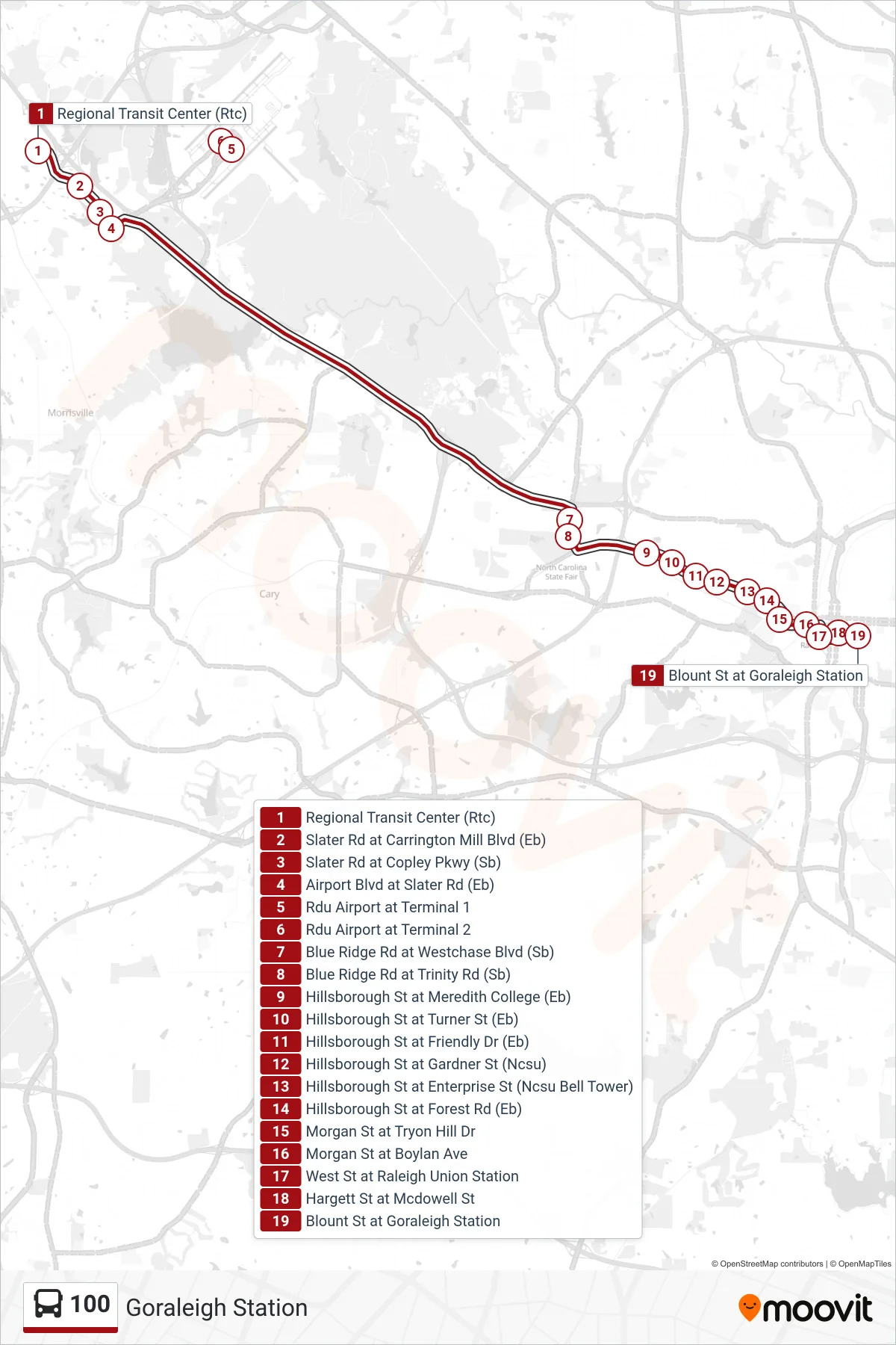 100 bus Line (Goraleigh Station) route and stops on a map