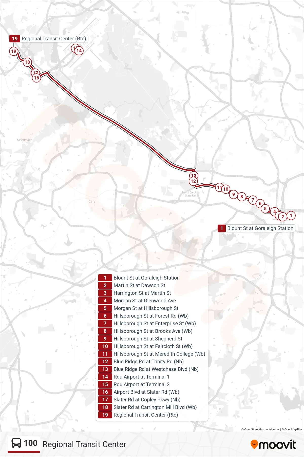 100 bus Line (Regional Transit Center) route and stops on a map