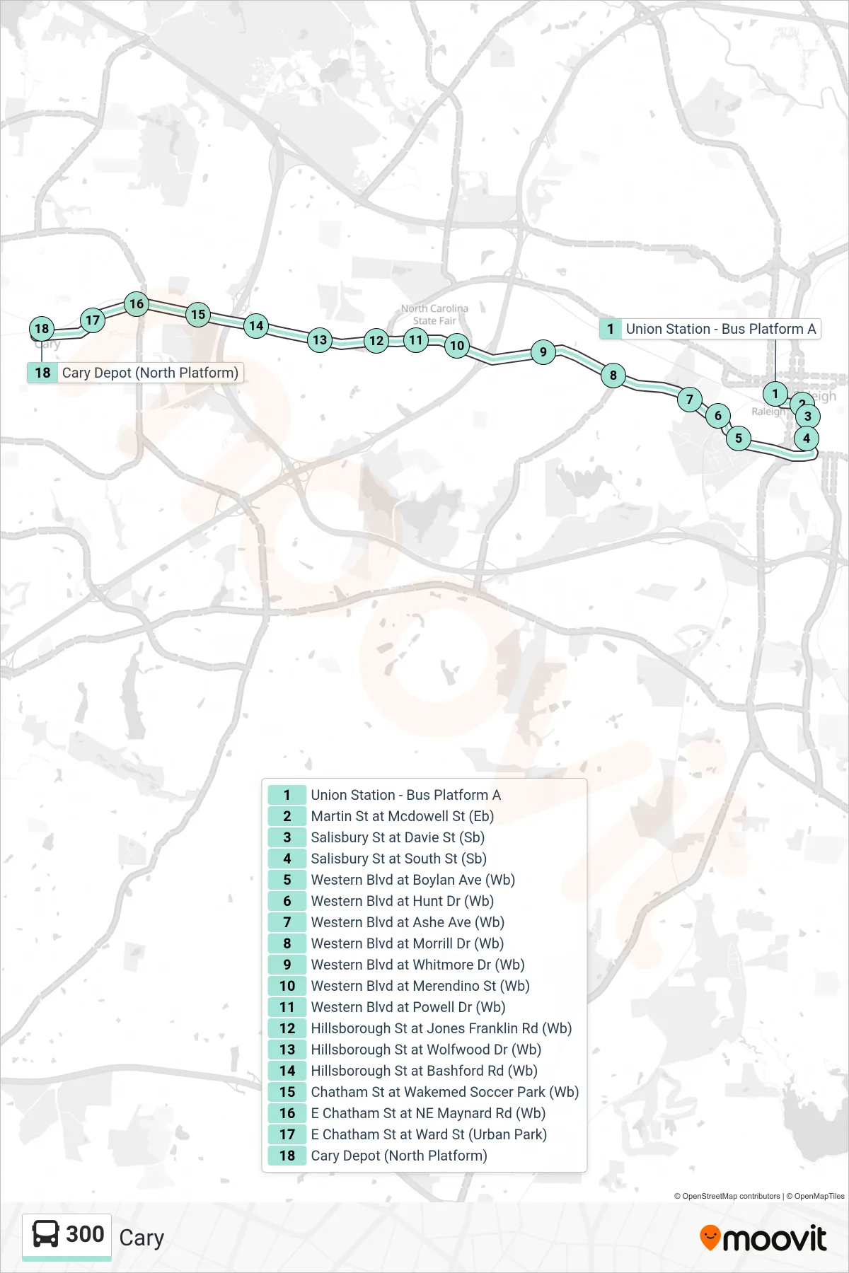 300 bus Line (Cary) route and stops on a map