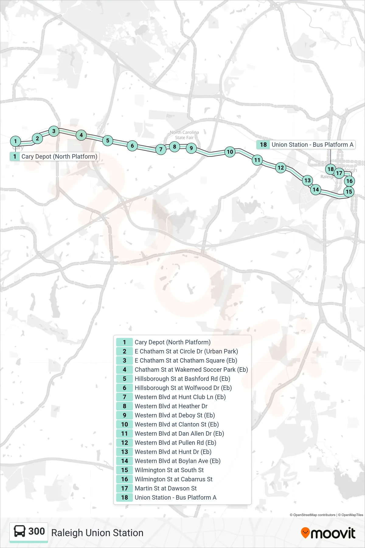 300 bus Line (Raleigh Union Station) route and stops on a map