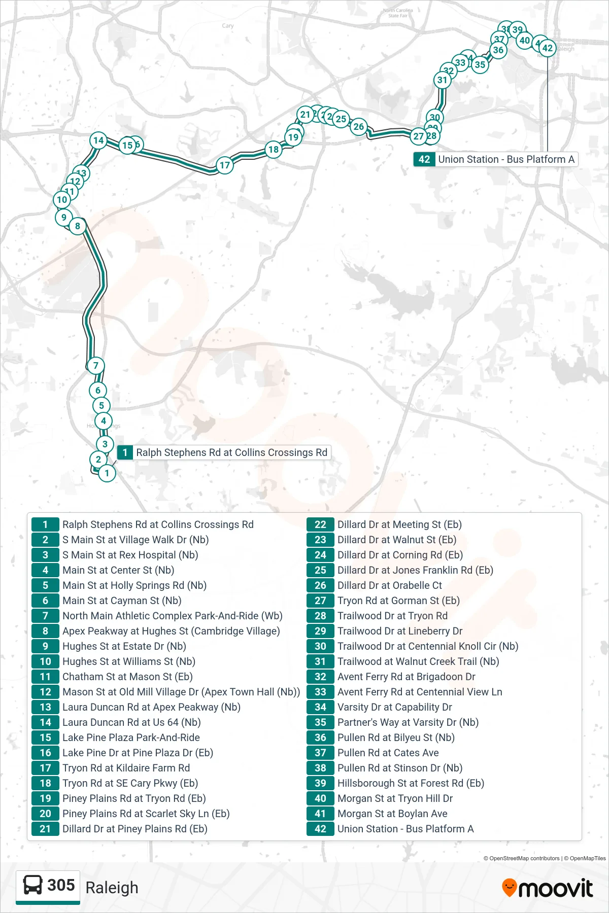 305 bus Line (Raleigh) route and stops on a map