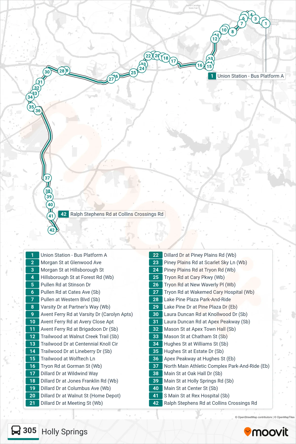 Recorrido y paradas de la línea 305 de autobús (Holly Springs) en el mapa