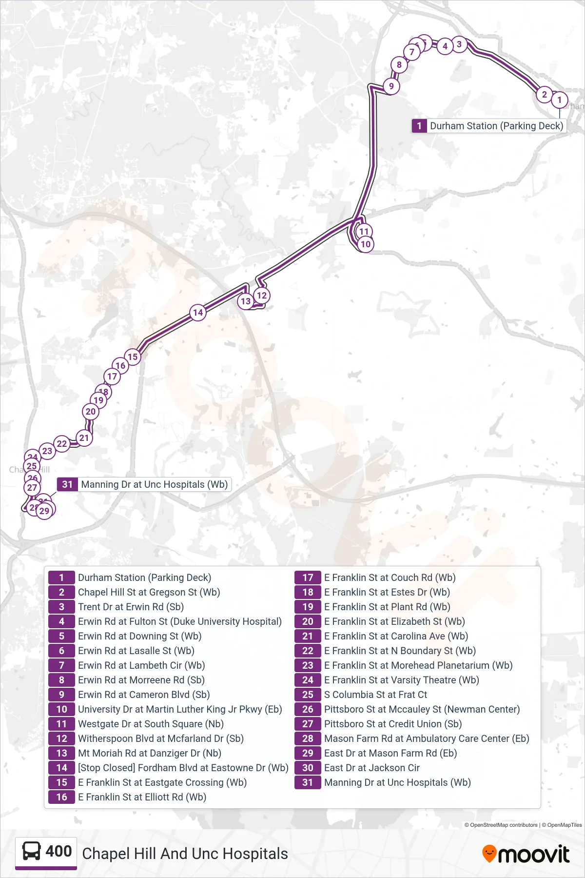 400 bus Line (Chapel Hill And Unc Hospitals) route and stops on a map