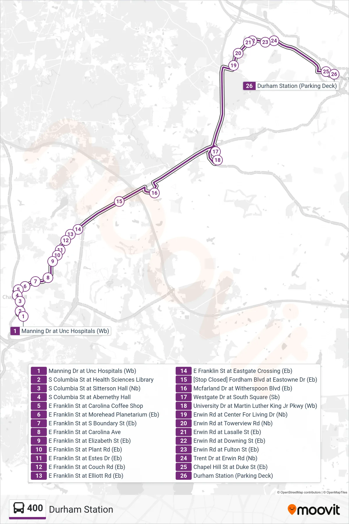 400 bus Line (Durham Station) route and stops on a map