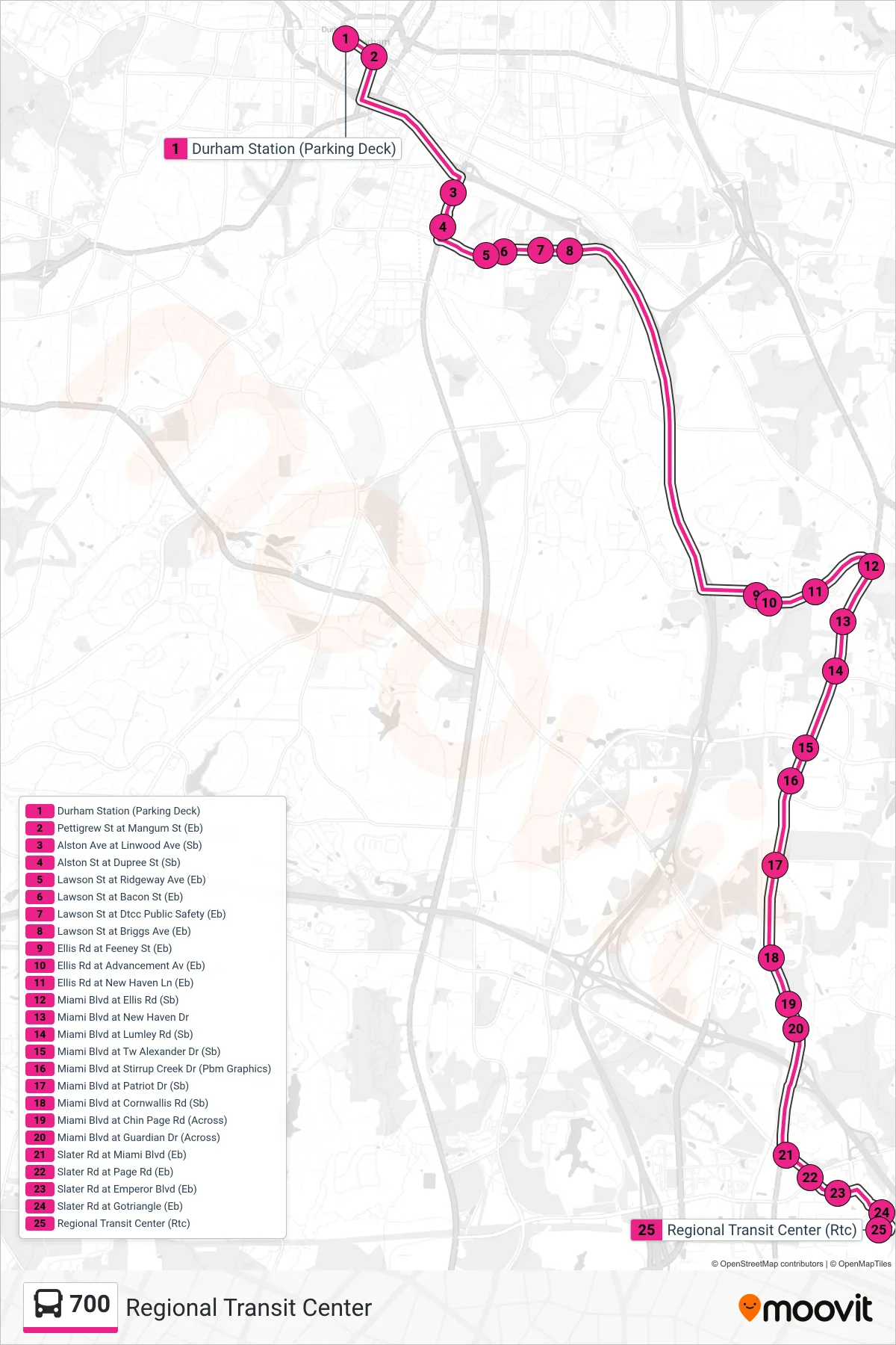 700 bus Line (Regional Transit Center) route and stops on a map