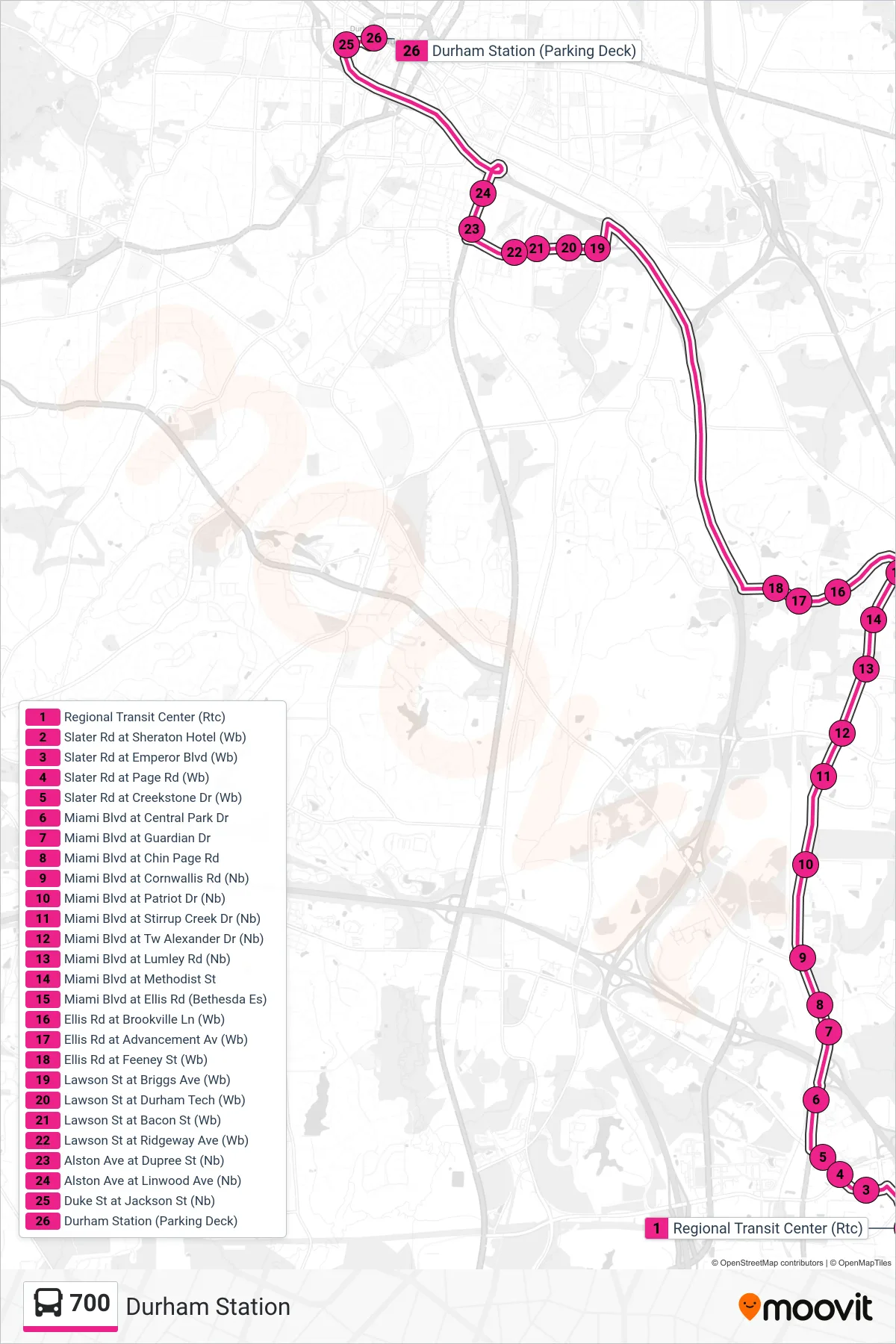 700 bus Line (Durham Station) route and stops on a map