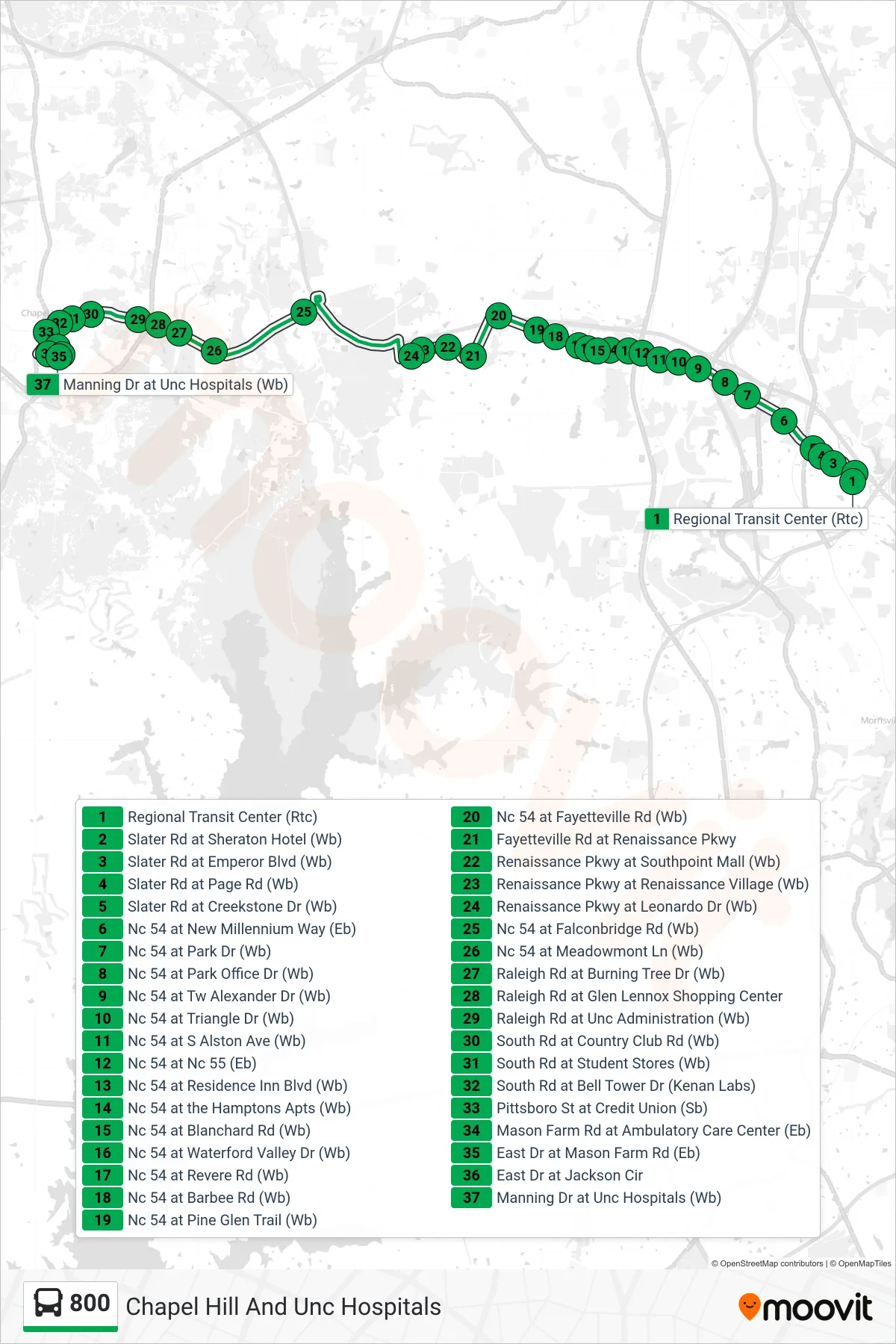 800 bus Line (Chapel Hill And Unc Hospitals) route and stops on a map