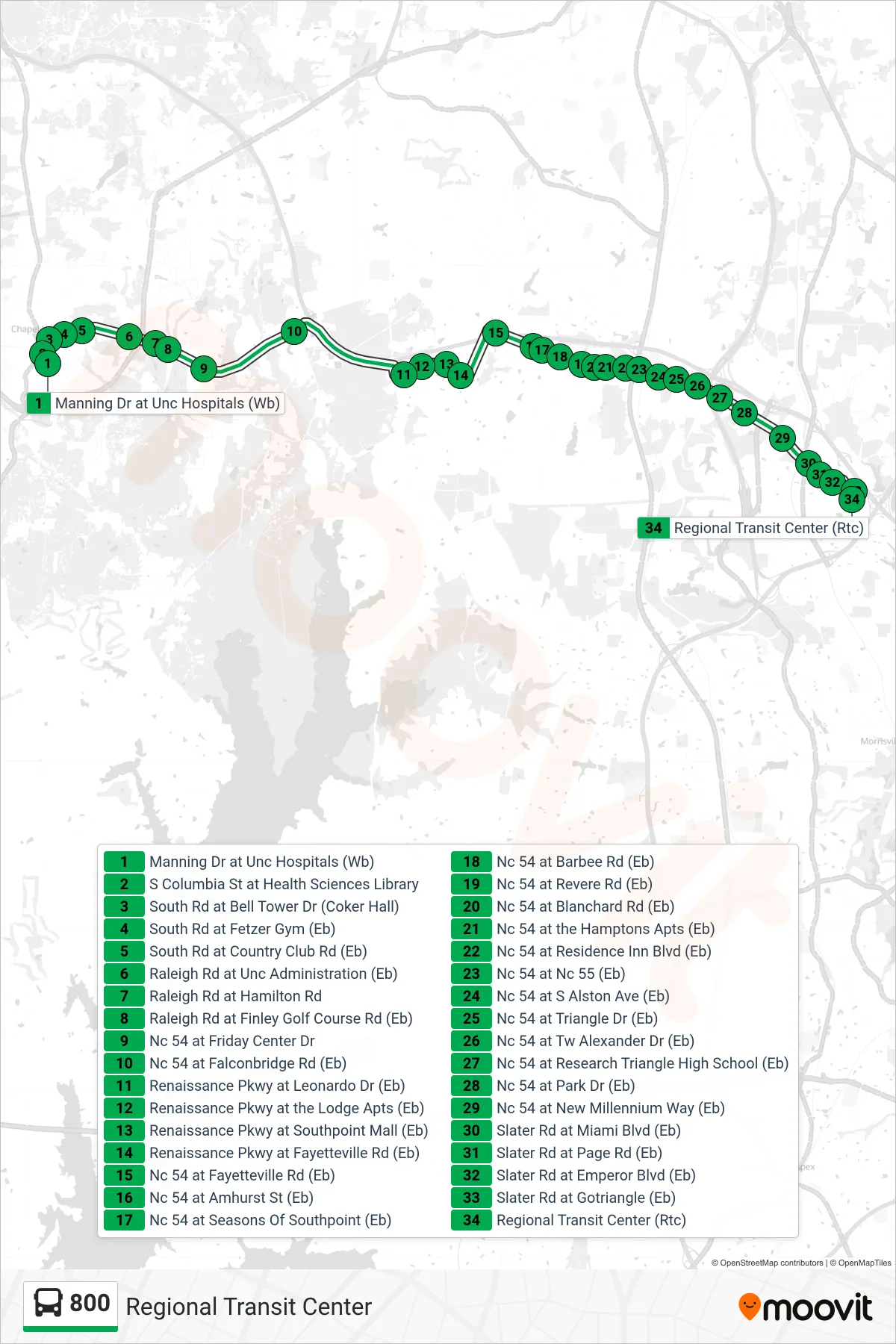 800 bus Line (Regional Transit Center) route and stops on a map
