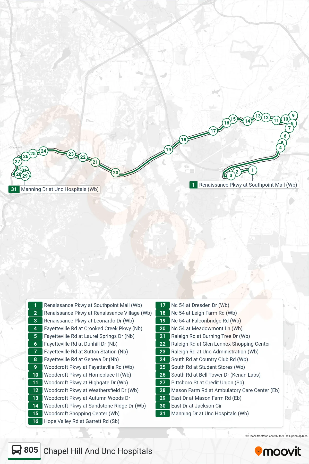 805 bus Line (Chapel Hill And Unc Hospitals) route and stops on a map
