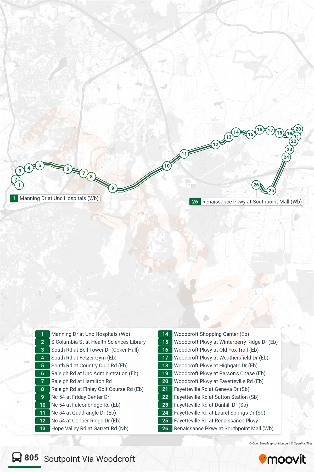 805 bus Line (Soutpoint Via Woodcroft) route and stops on a map