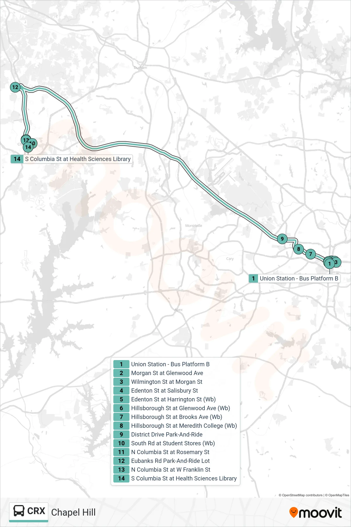 Recorrido y paradas de la línea CRX de autobús (Chapel Hill) en el mapa